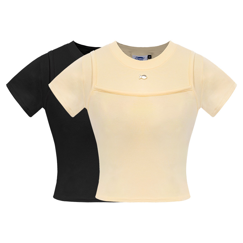 Áo baby tee nữ họa tiết phối 2 dây DKMV màu đen, kem