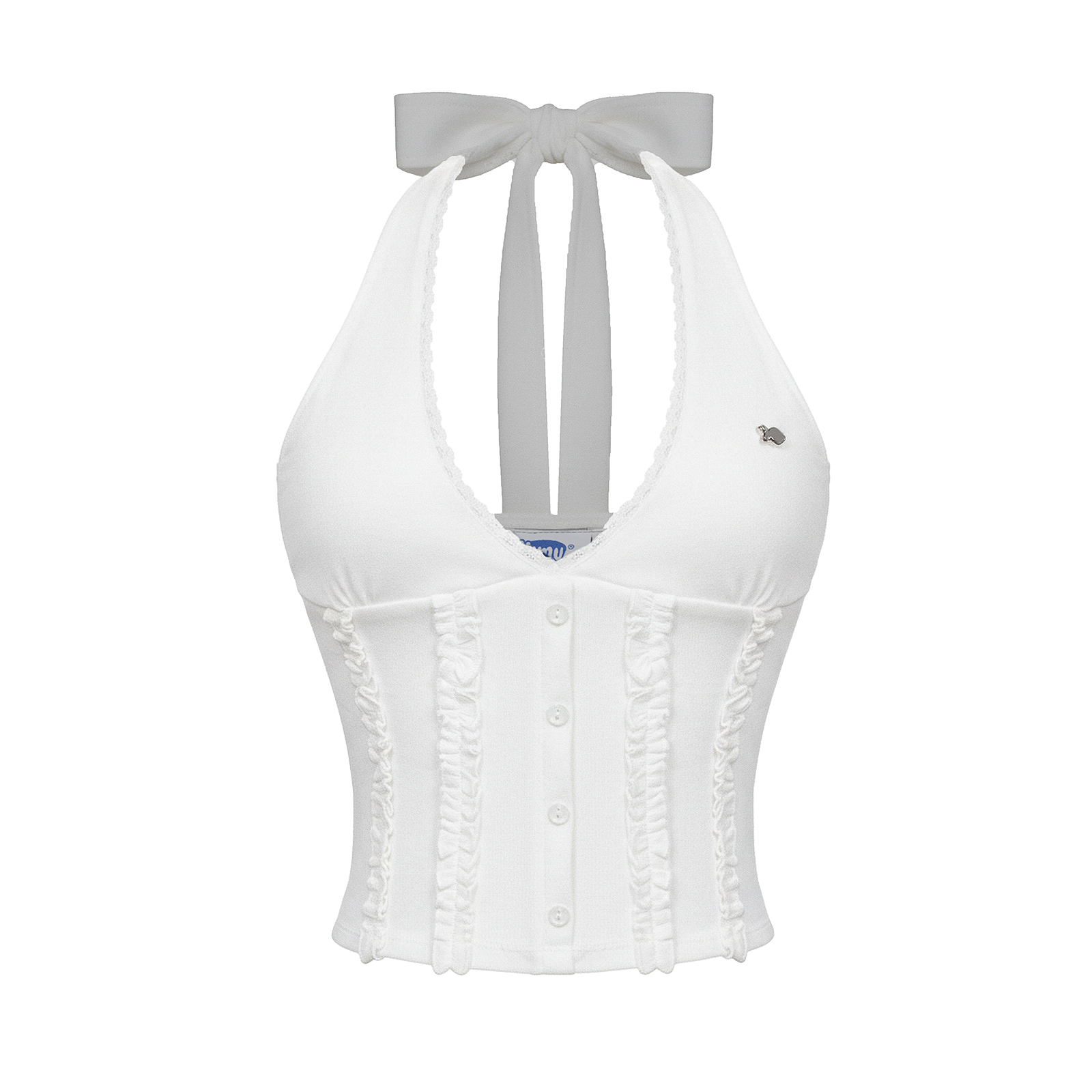 Áo croptop nữ cổ yếm thắt nơ phối ren DKMV nhún dây bèo dọc thân đính logo cá hở lưng màu trắng