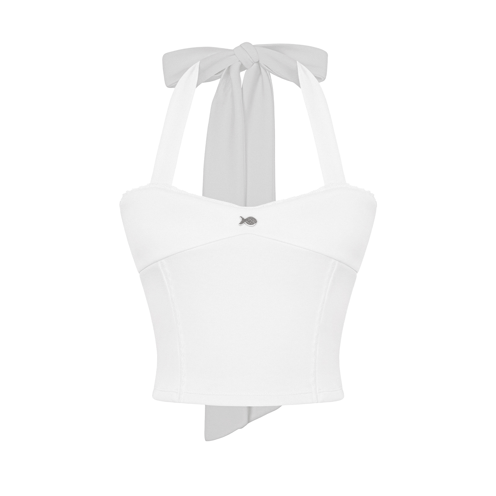 Áo cổ yếm trắng croptop cúp ngực DKMV phối viền ren thắt nơ