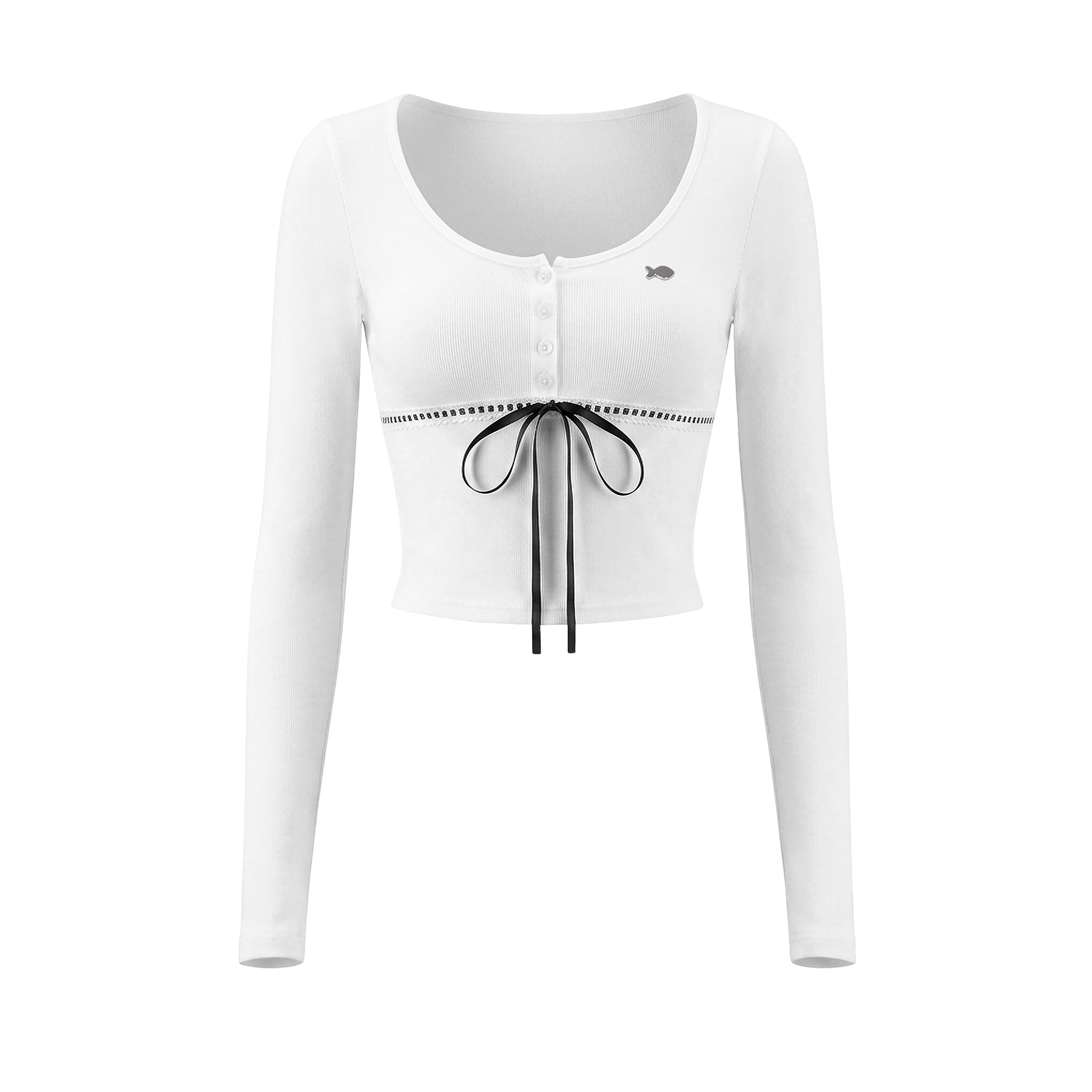 Áo dài tay thun nữ croptop DKMV ren trắng phối dây ruy băng