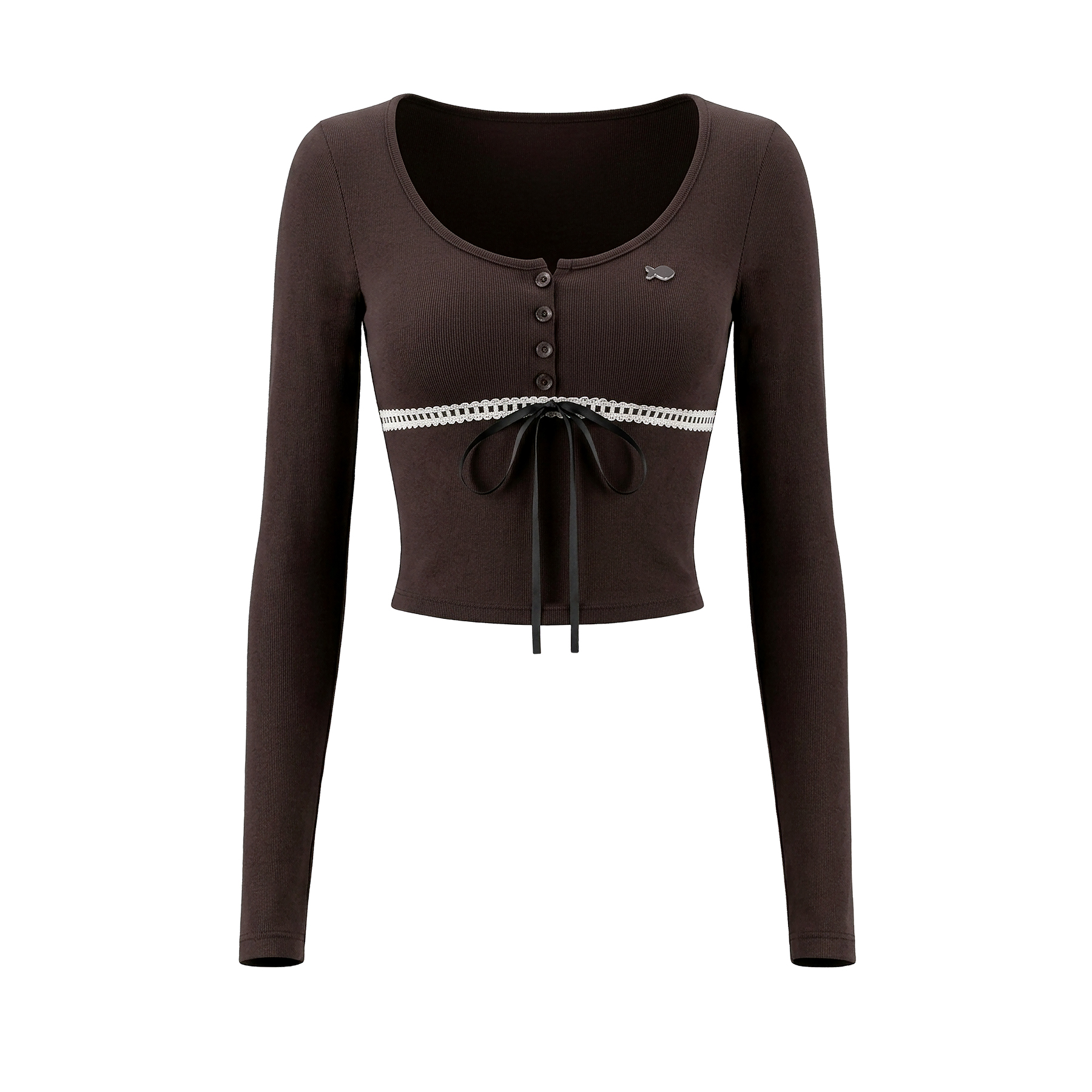 Áo nữ dài tay croptop ôm dáng DKMV ren trắng đan ruy băng