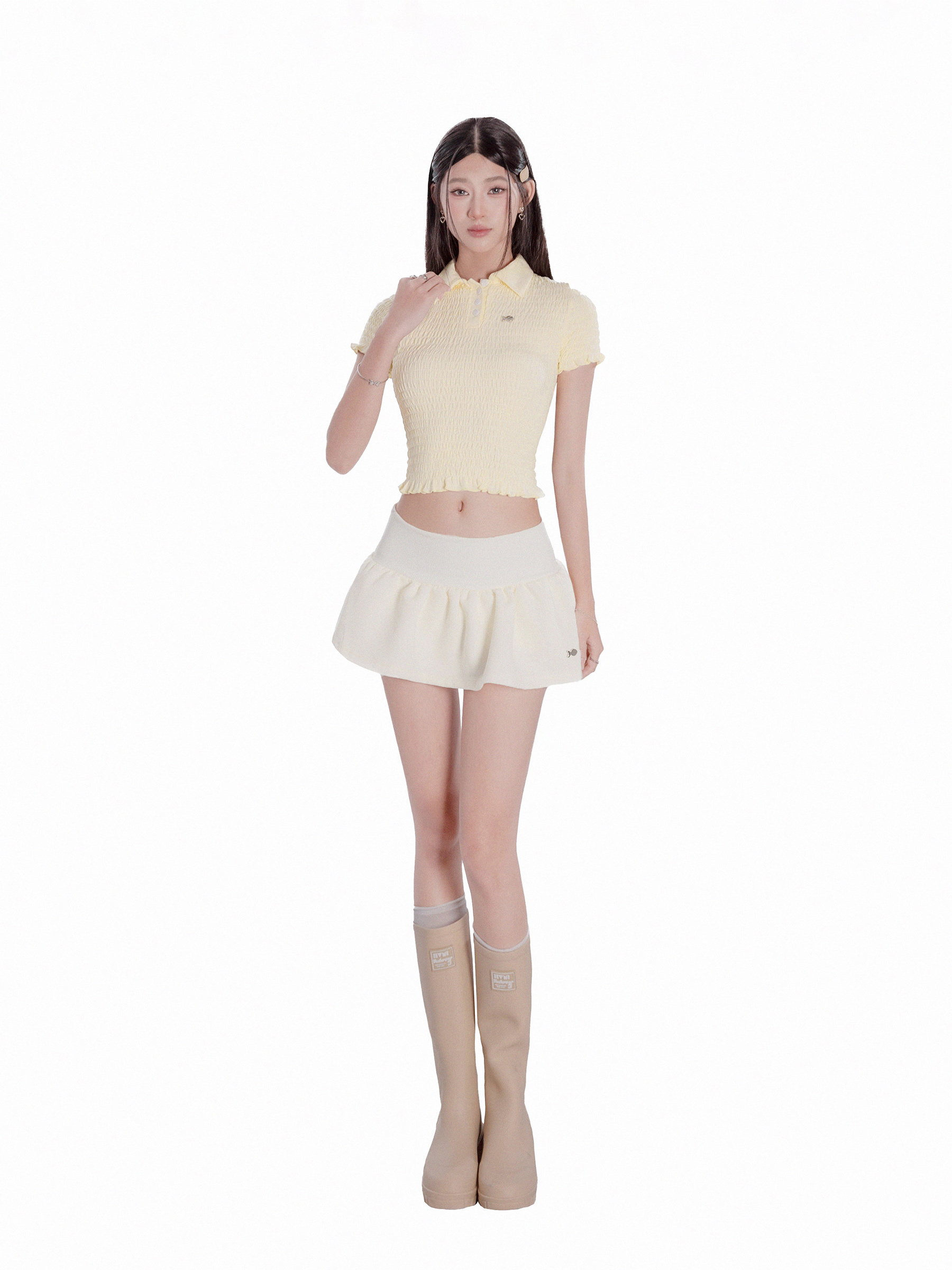 Áo nữ ôm cổ bẻ thân nhún chun co giãn DKMV tay ngắn croptop