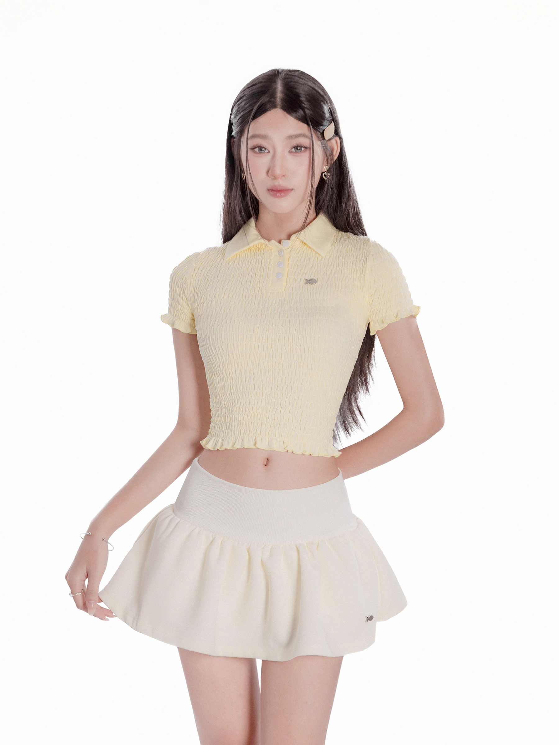 Áo nữ ôm cổ bẻ thân nhún chun co giãn DKMV tay ngắn croptop