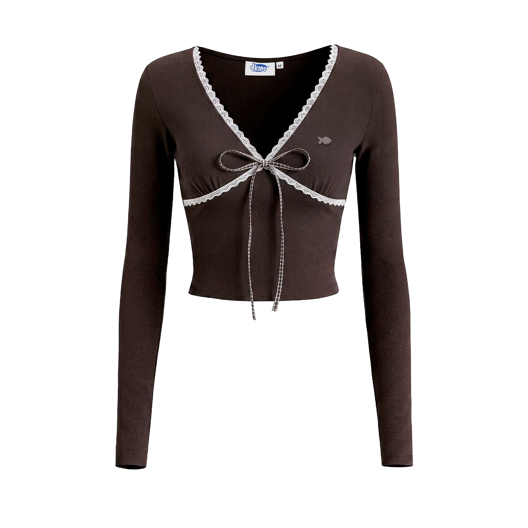 Áo tay dài nữ kiểu croptop DKMV phối viền ren dây thắt nơ