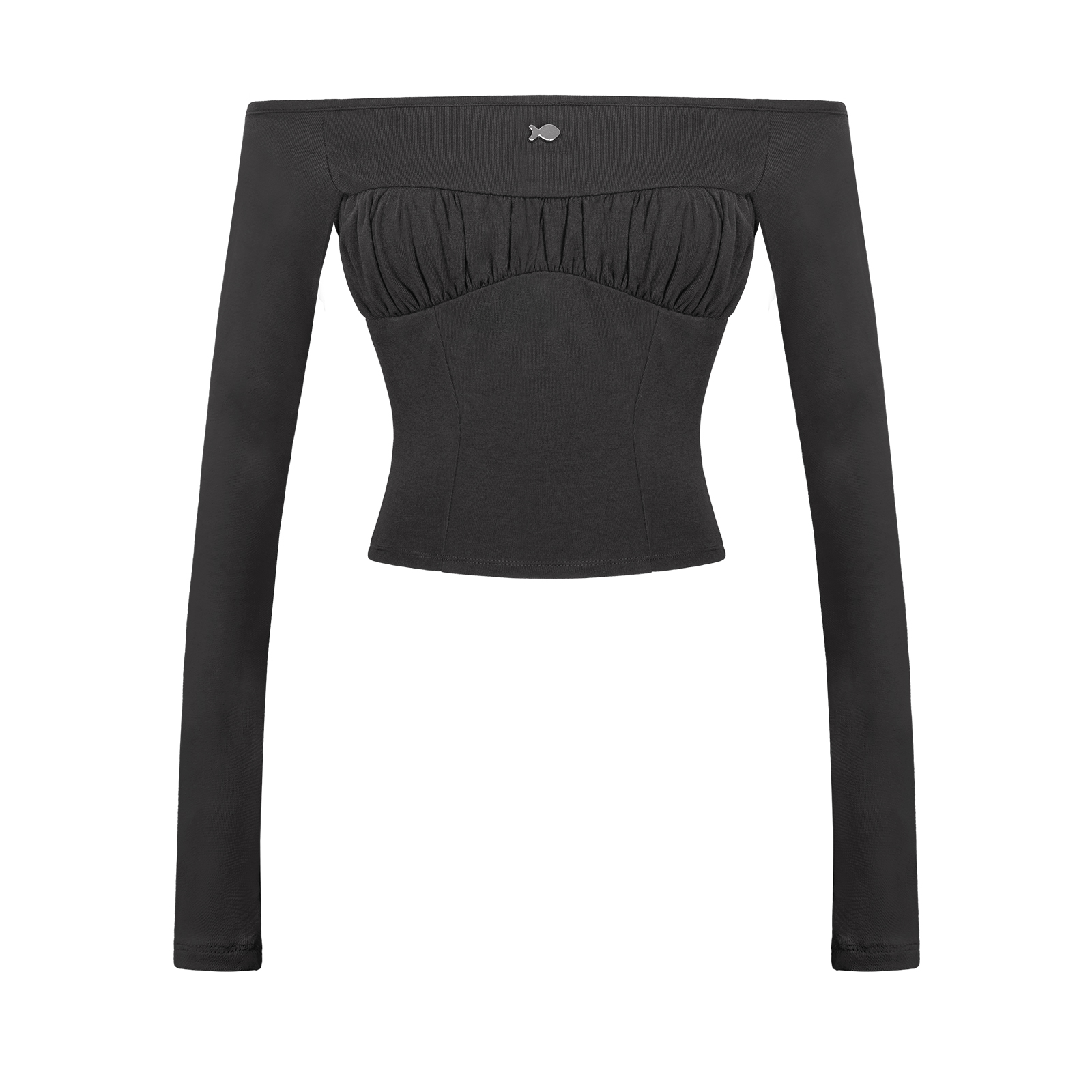 Áo trễ vai croptop dài tay nhún ngực DKMV đính logo cá