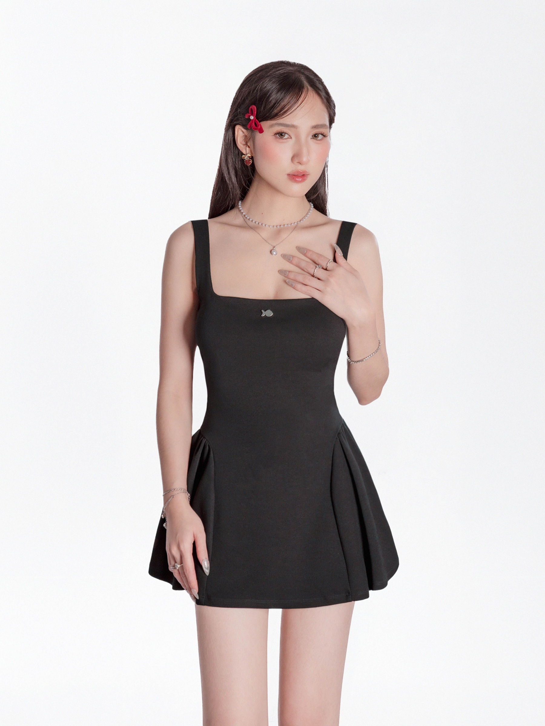 Đầm 2 dây kiểu nữ cổ vuông DKMV chất tweed dáng xoè