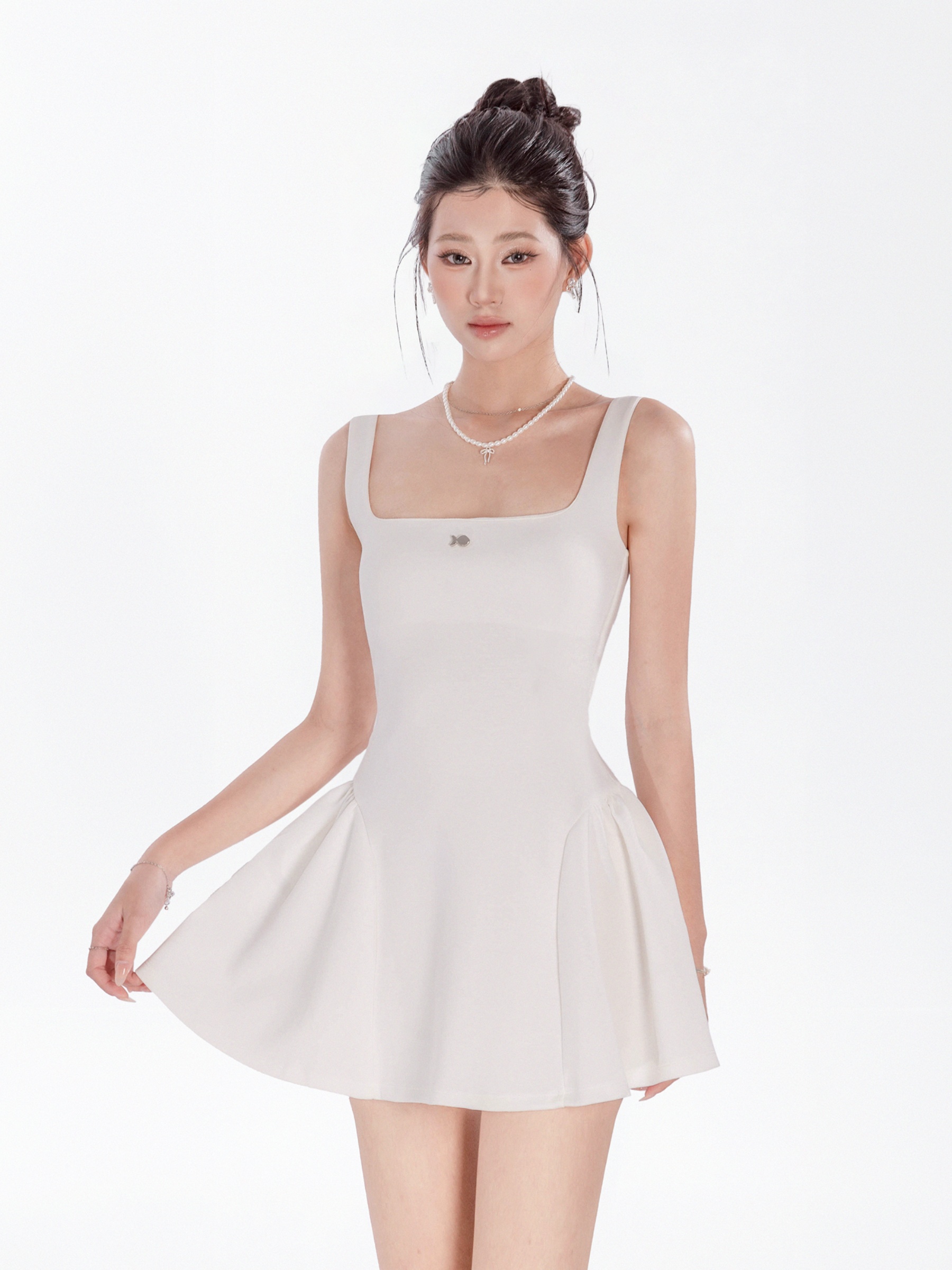 Đầm cổ vuông kiểu nữ 2 dây bản to DKMV chất tweed xoè