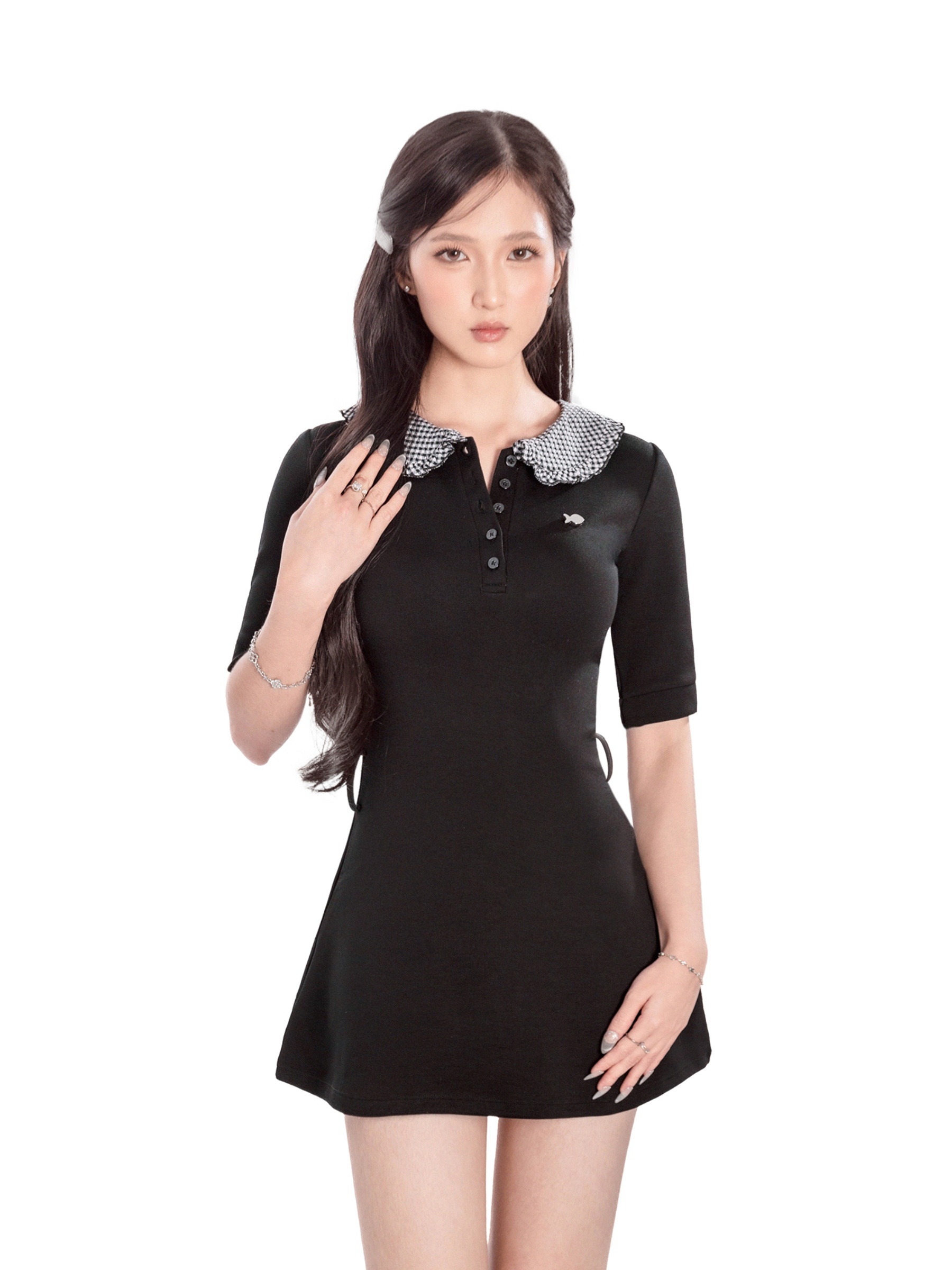 Đầm nữ cổ bèo nhún caro DKMV đáng yêu tay lửng xòe đen