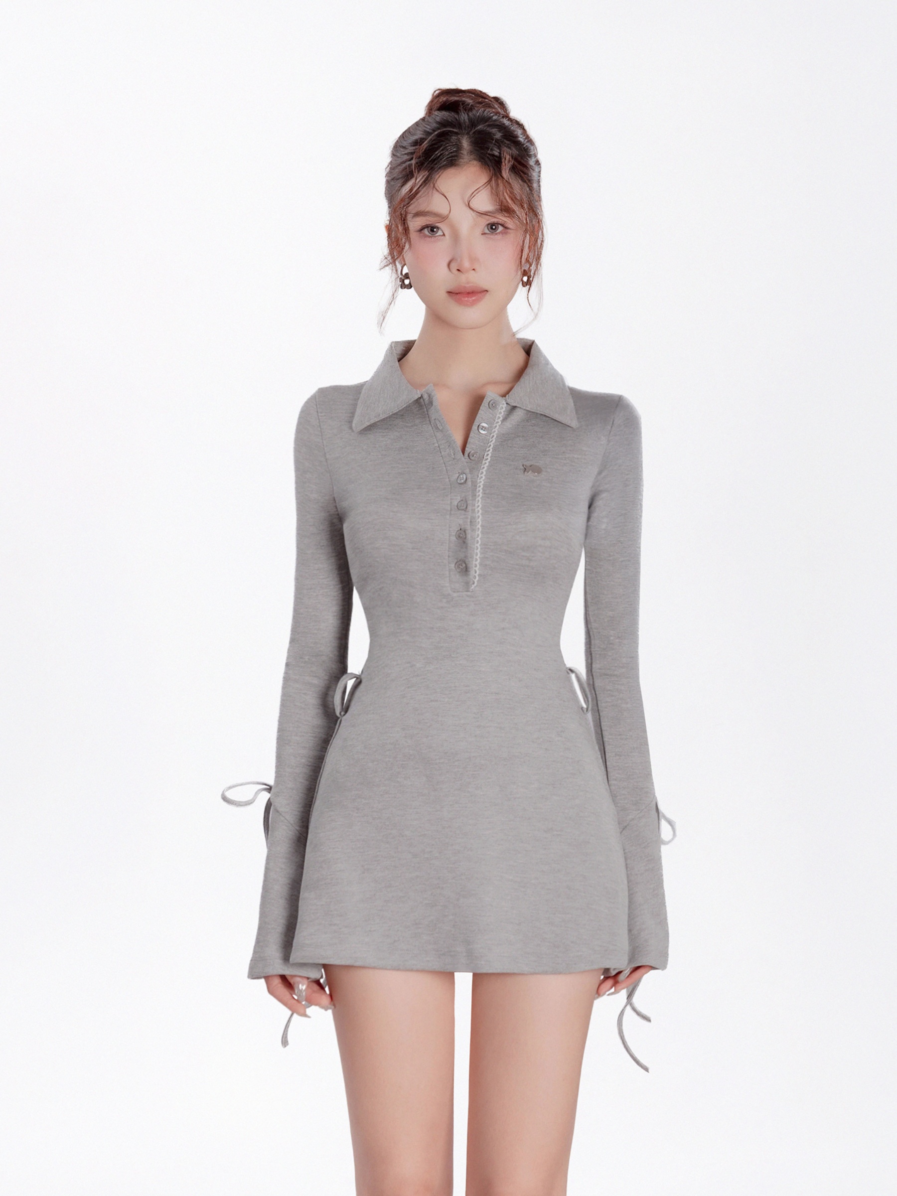 Đầm polo ngắn nữ tay loe DKMV cổ cài nút phối viền ren