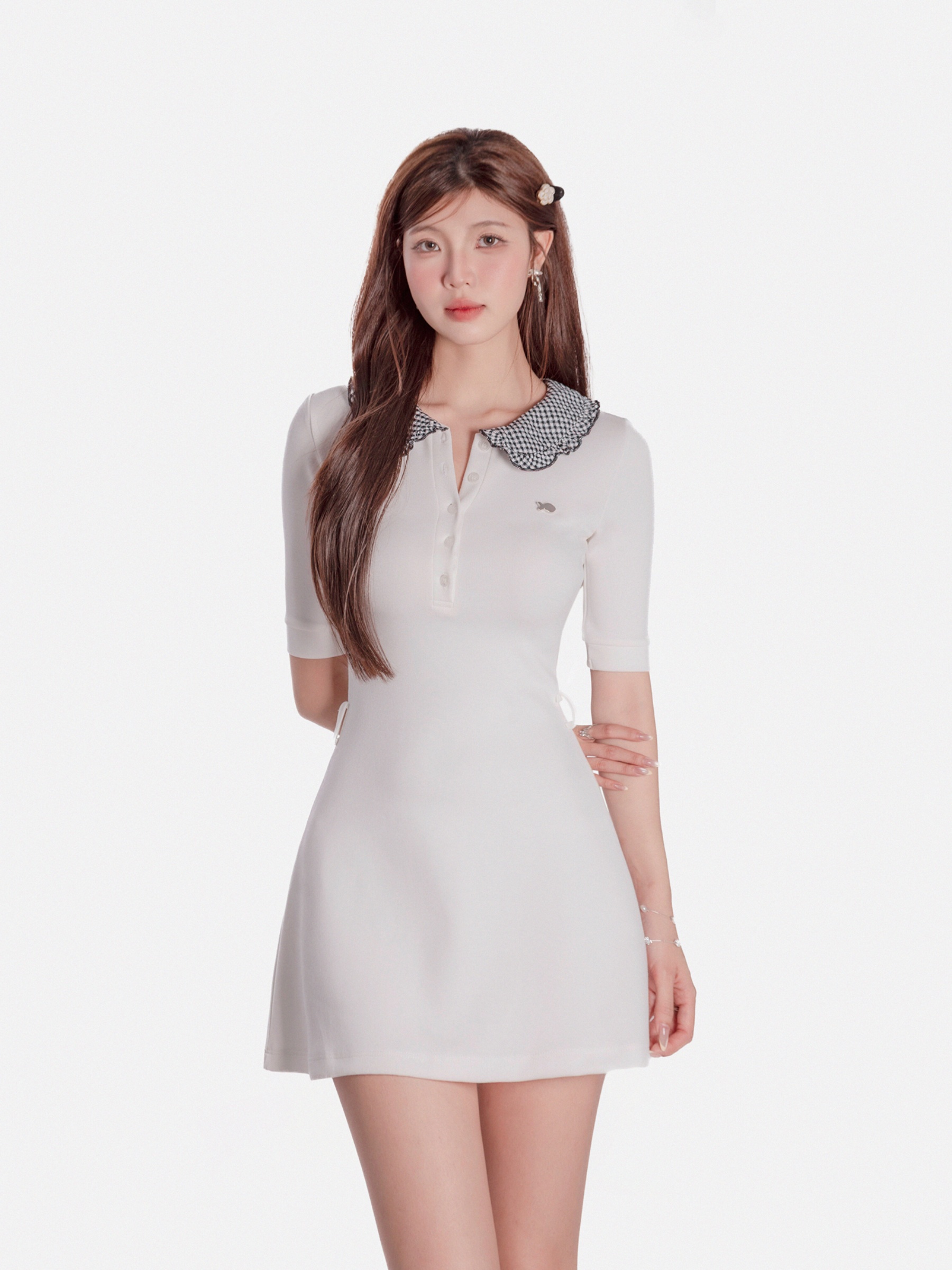 Đầm nữ cổ peter pan DKMV bèo nhún caro tay lửng