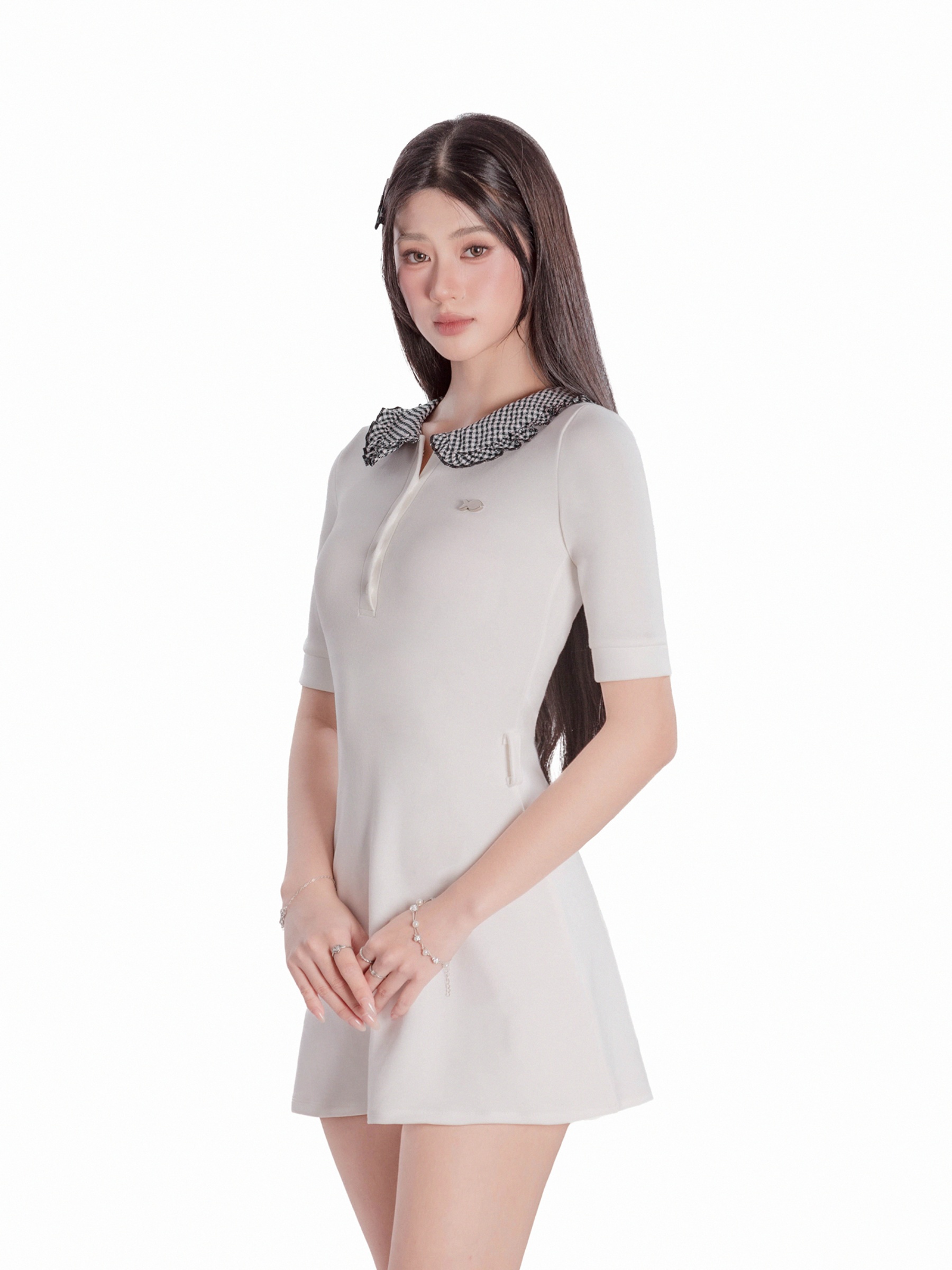 Đầm nữ cổ peter pan DKMV bèo nhún caro tay lửng
