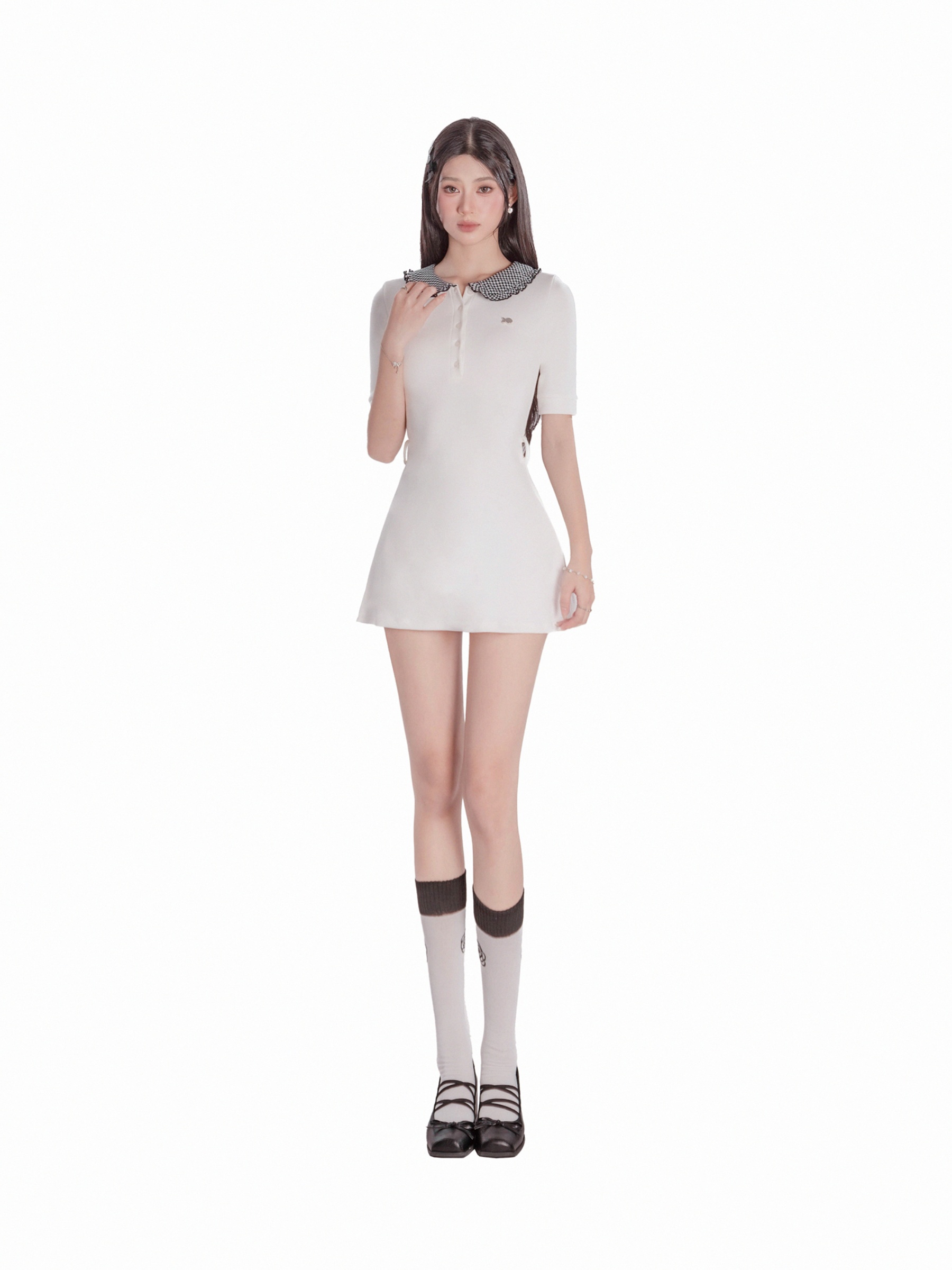 Đầm nữ cổ peter pan DKMV bèo nhún caro tay lửng