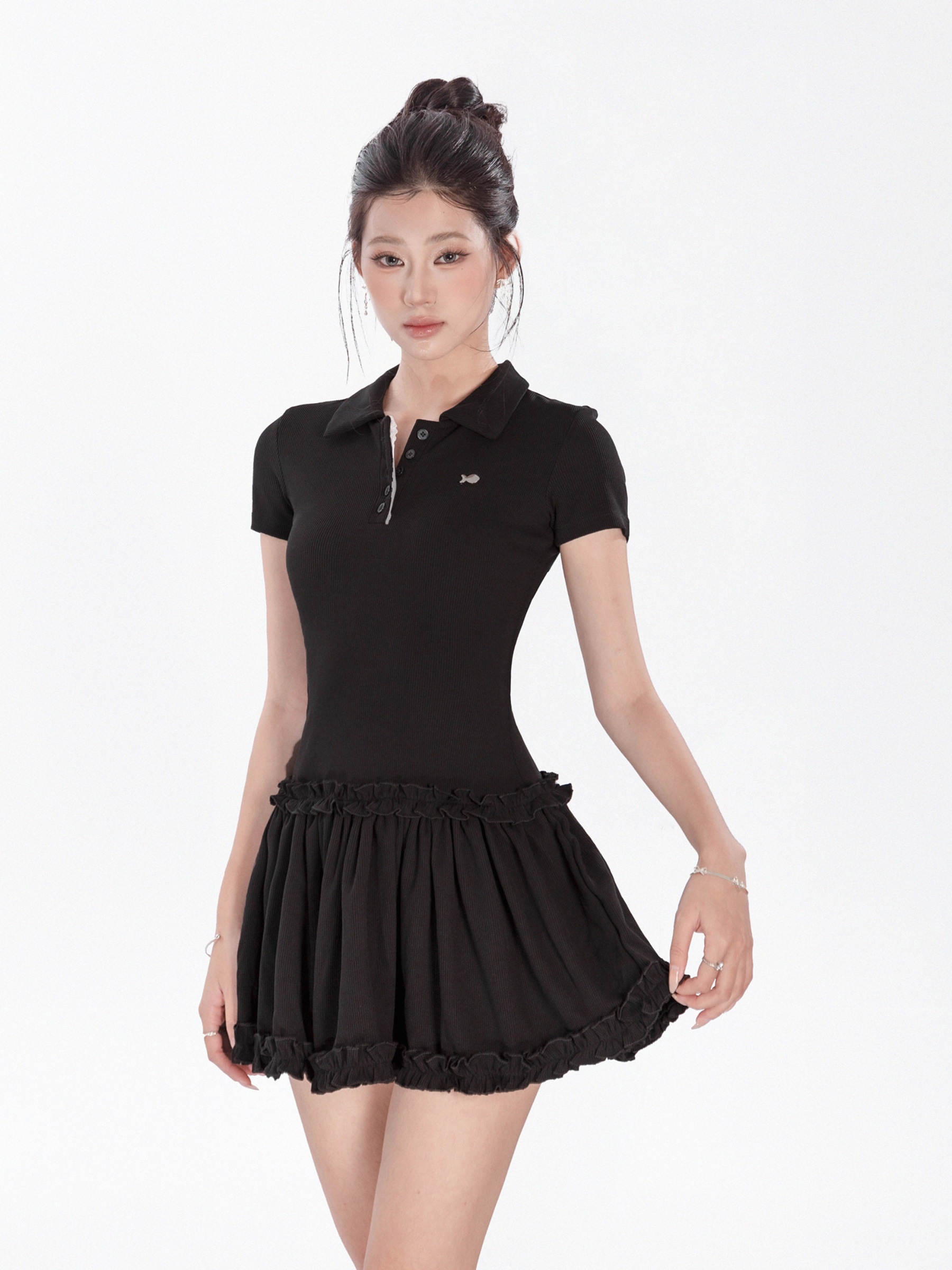 Đầm xòe ngắn cổ polo tay ngắn DKMV viền bèo điệu đà