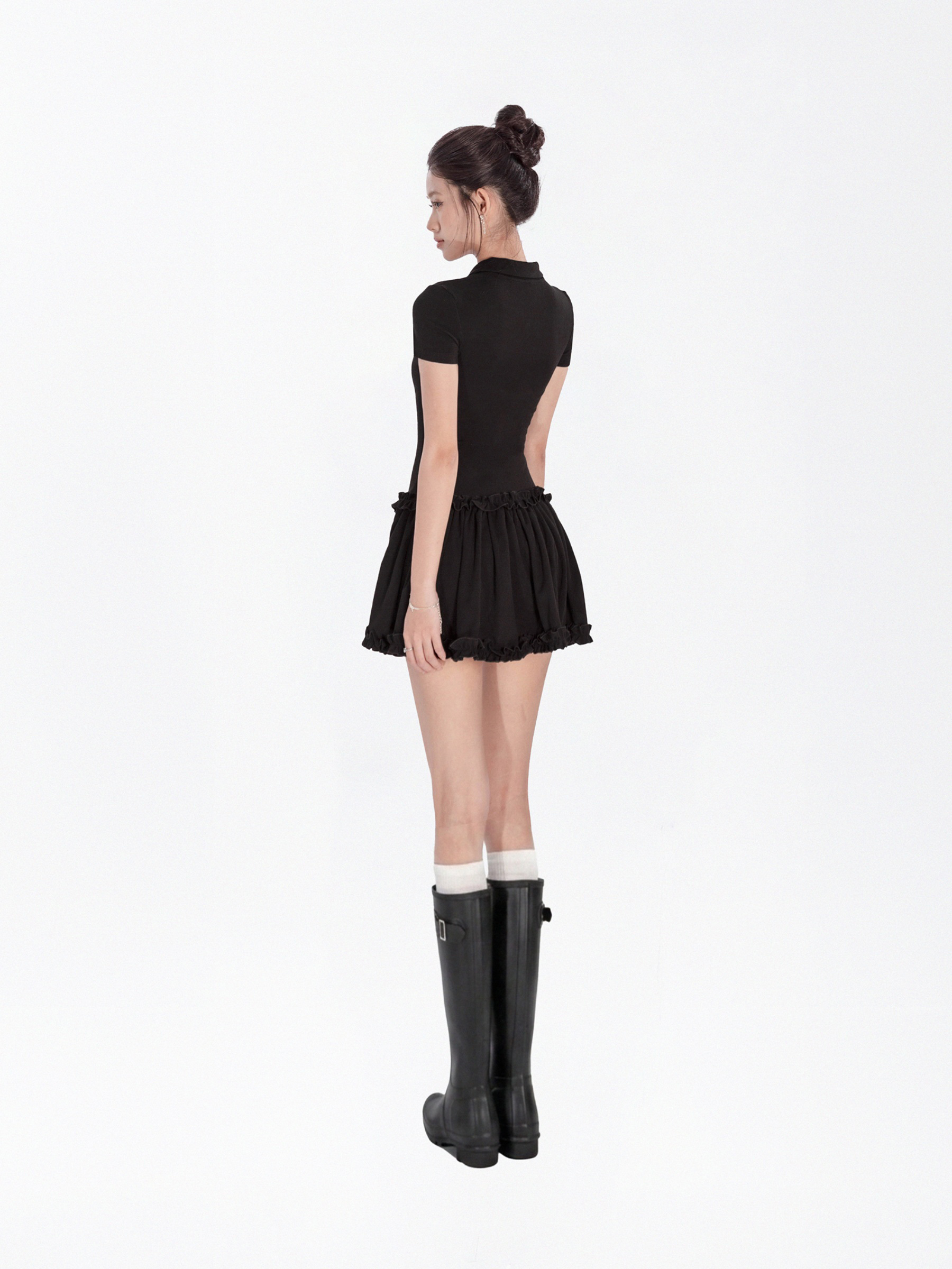 Đầm xòe ngắn cổ polo tay ngắn DKMV viền bèo điệu đà