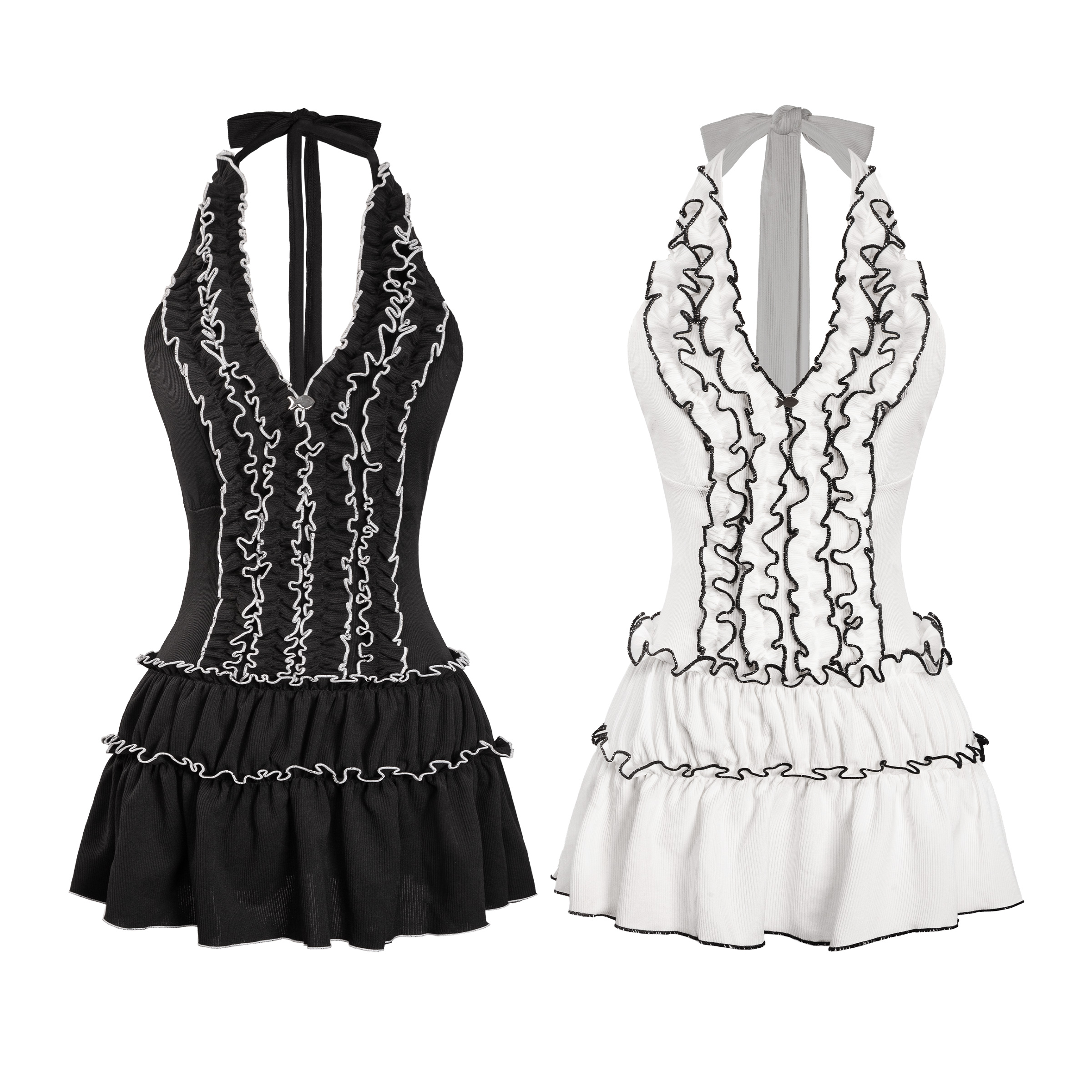 Đầm yếm cột cổ phối viền tương phản hở lưng dáng ngắn xòe Youngie Dress