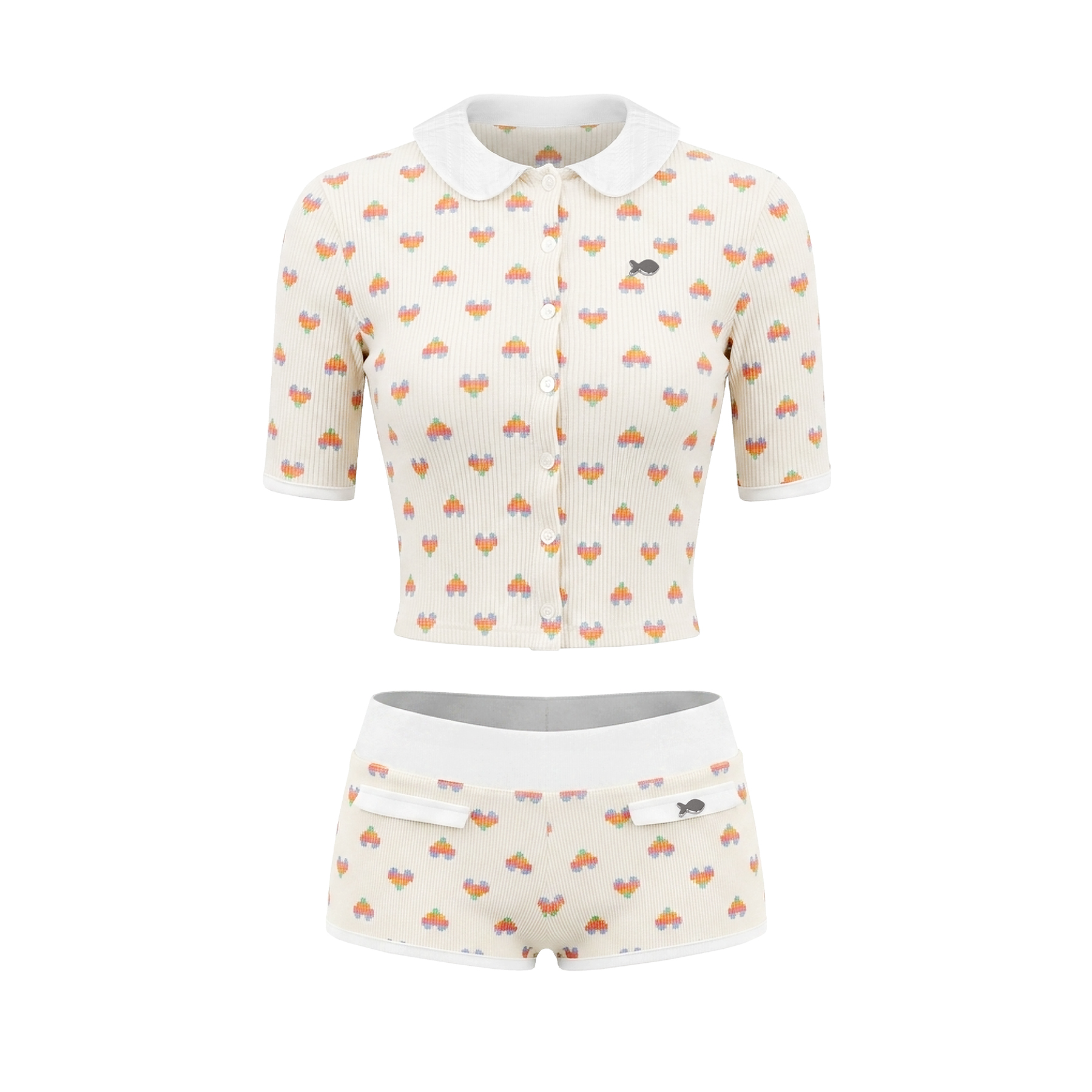 Set áo croptop và quần short DKMV cổ sen hoạ tiết trái tim