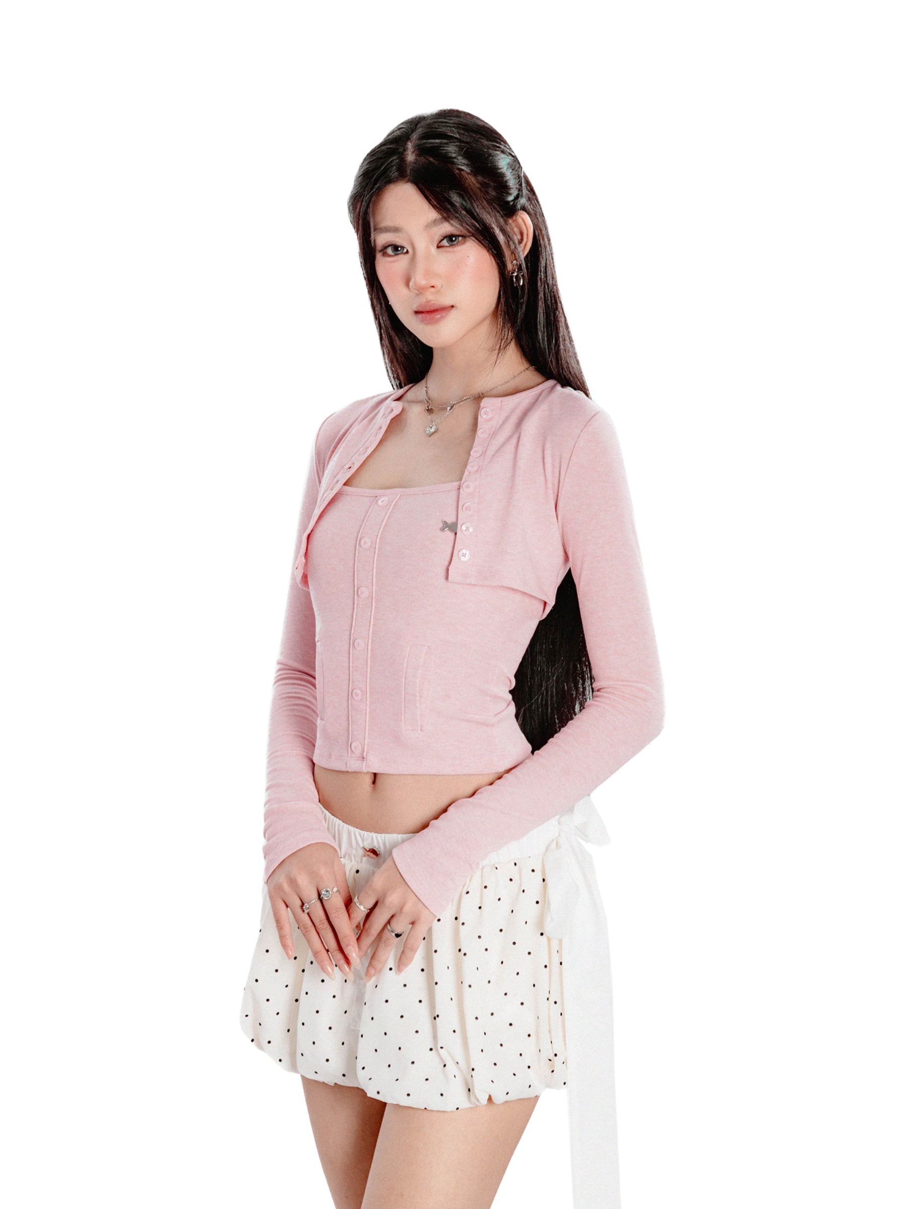 Set áo hai dây có khoác ngoài dài tay DKMV croptop trơn