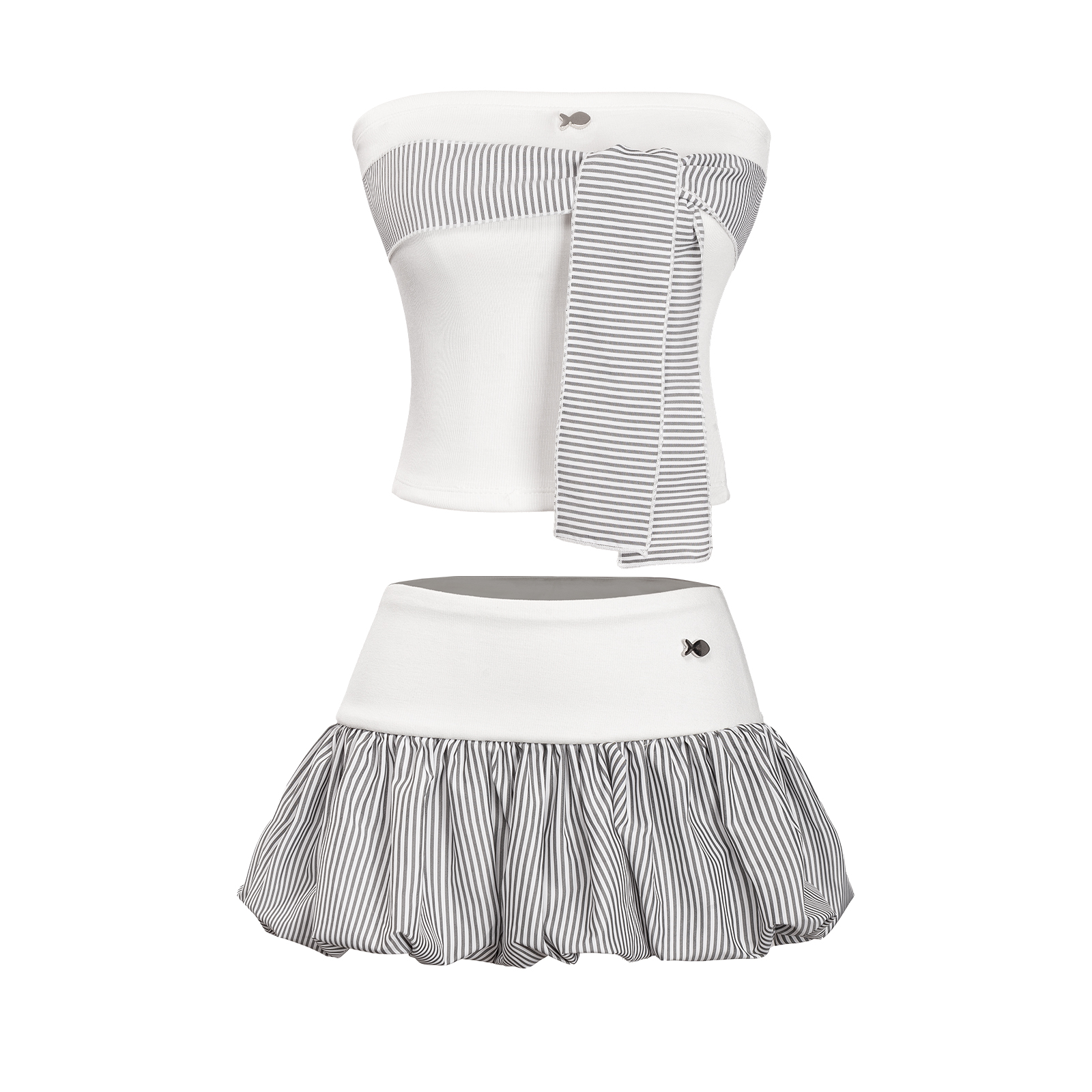 Set áo ống chân váy bí ngắn họa tiết sọc nhí  logo inox Cá Jimin Set