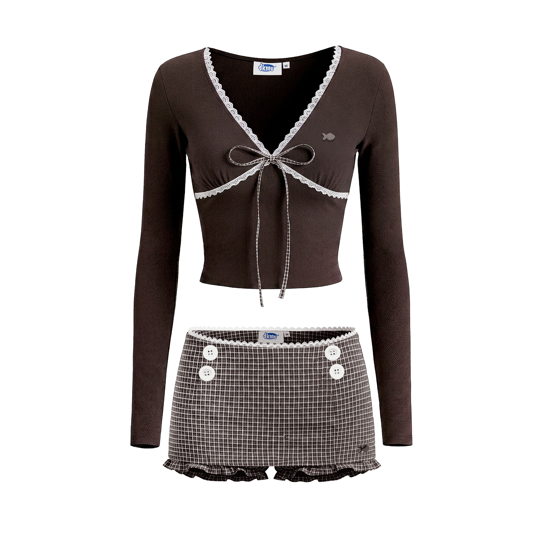Set đồ nữ áo croptop tay dài chân váy ngắn DKMV hoạ tiết caro