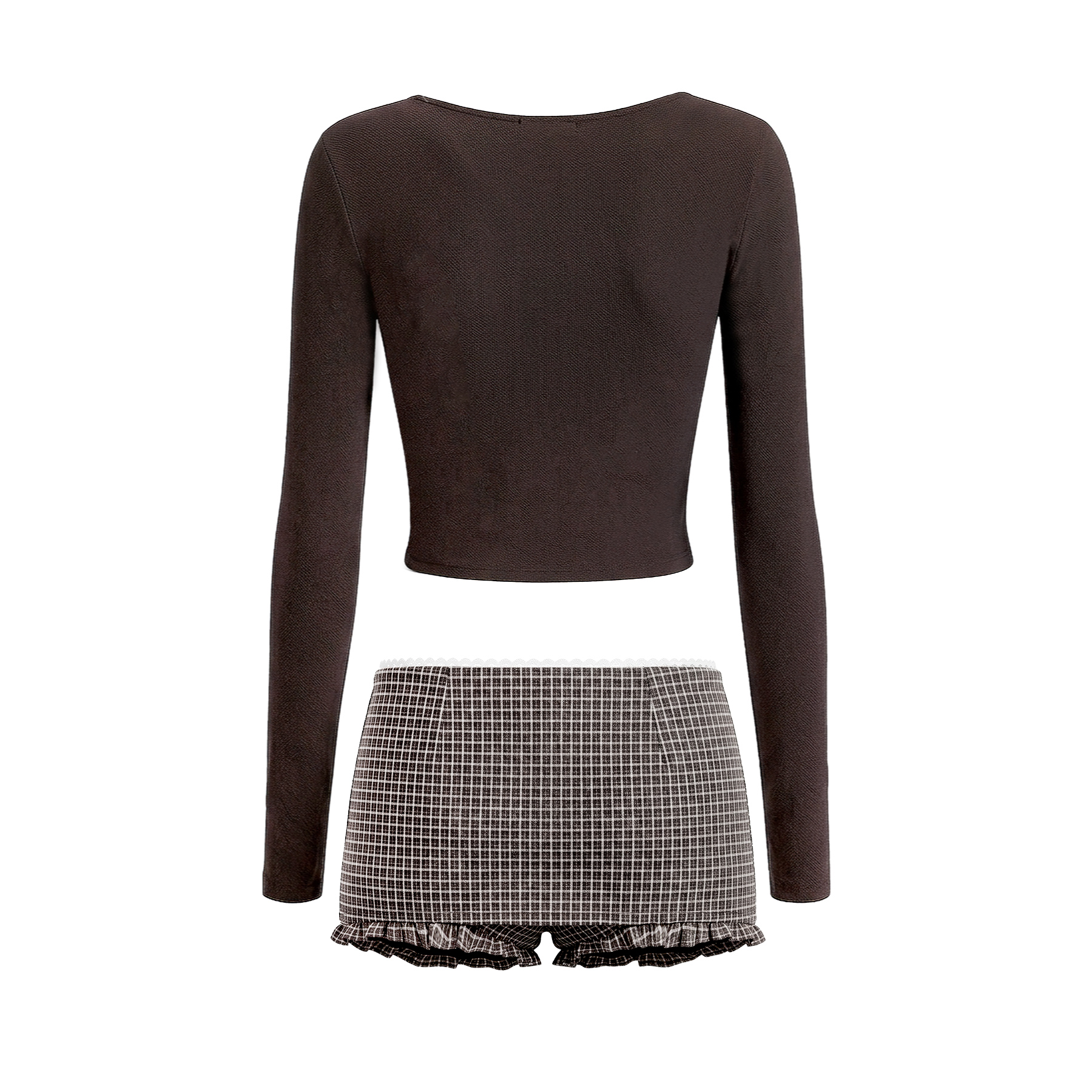 Set đồ nữ áo croptop tay dài chân váy ngắn DKMV hoạ tiết caro