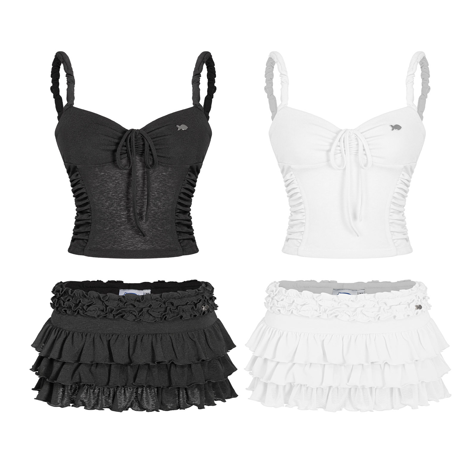 Set đồ nữ áo hai dây và chân váy DKMV phối bèo thắt dây nơ
