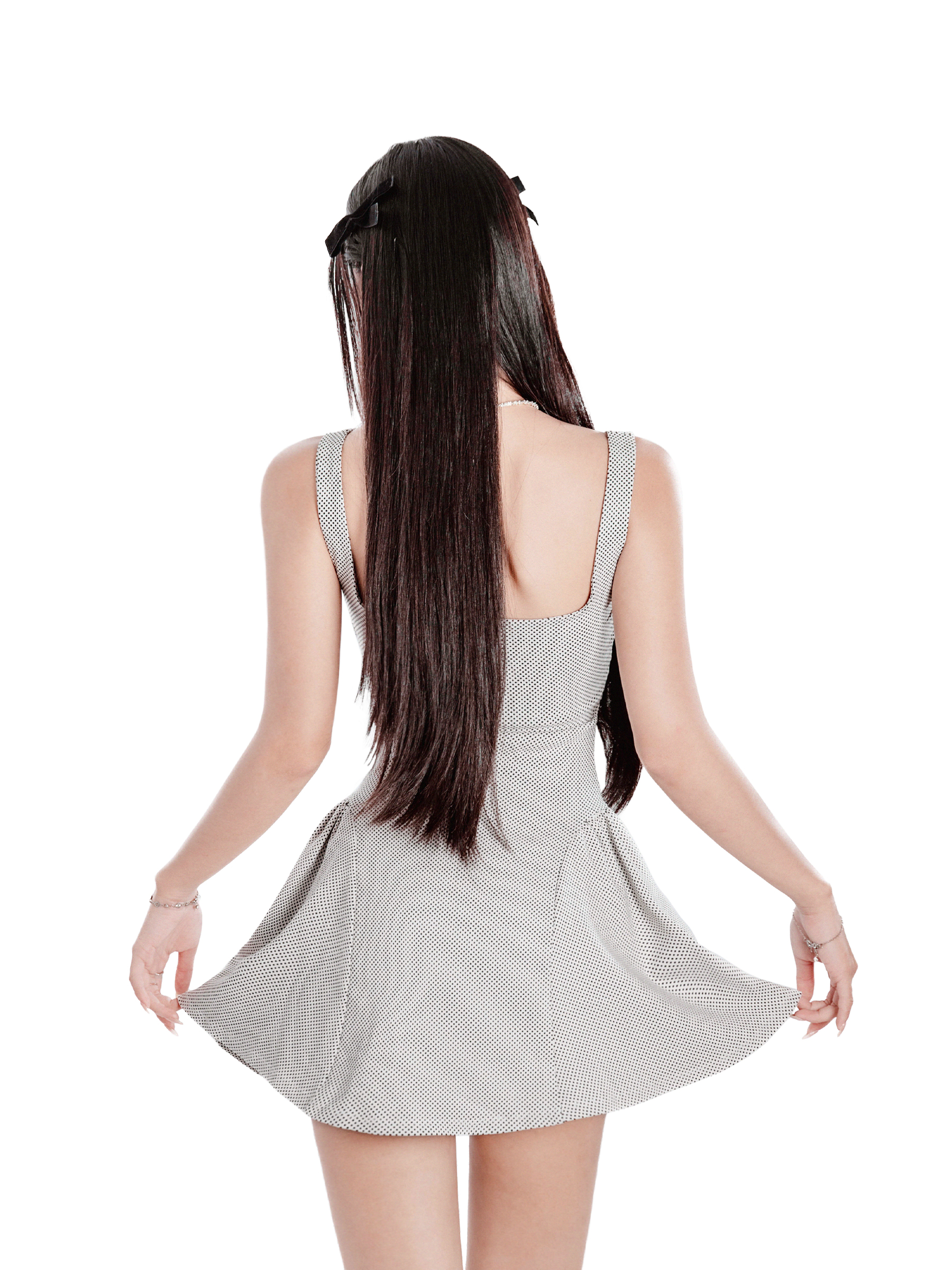 Đầm hai dây kiểu nữ cổ vuông dáng xòe DKMV hoạ tiết chấm bi
