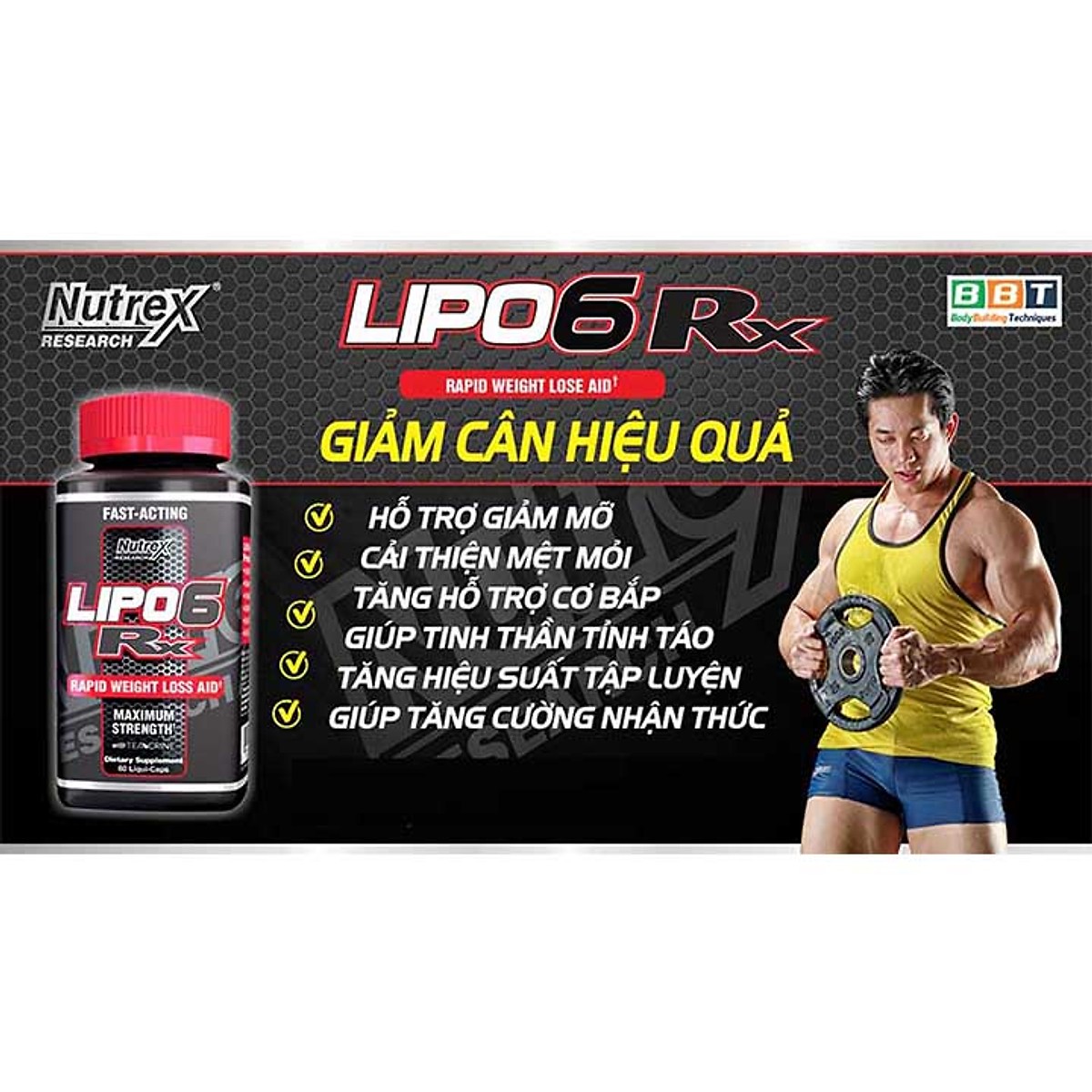 Combo LIPO 6 RX của Nutrex hỗ trợ giảm cân đốt mỡ siêu mạnh hộp 60 viên & Áo GYM đen size L (70kg - 80kg)