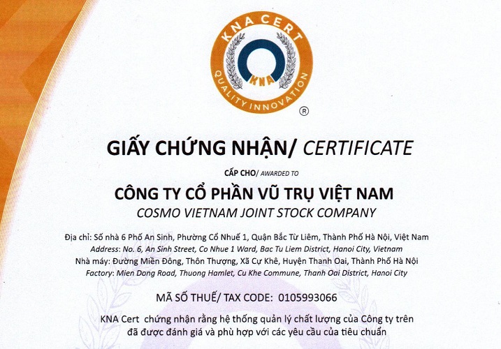 Công ty Cổ Phần Vũ Trụ Việt Nam đạt Chứng Nhận ISO 9001:2015