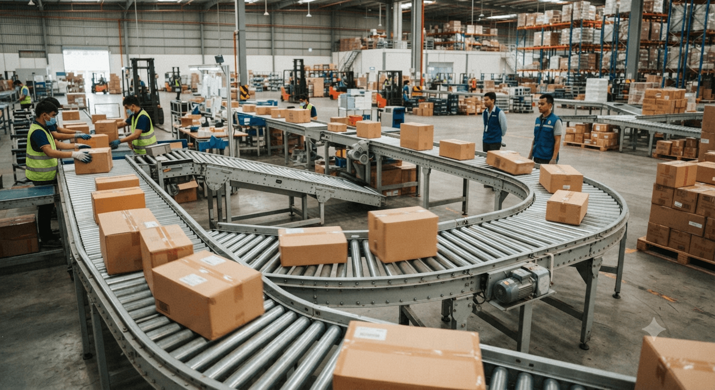 Băng tải con lăn vận chuyển thùng carton: Cấu hình, tải trọng và giải pháp cho kho vận