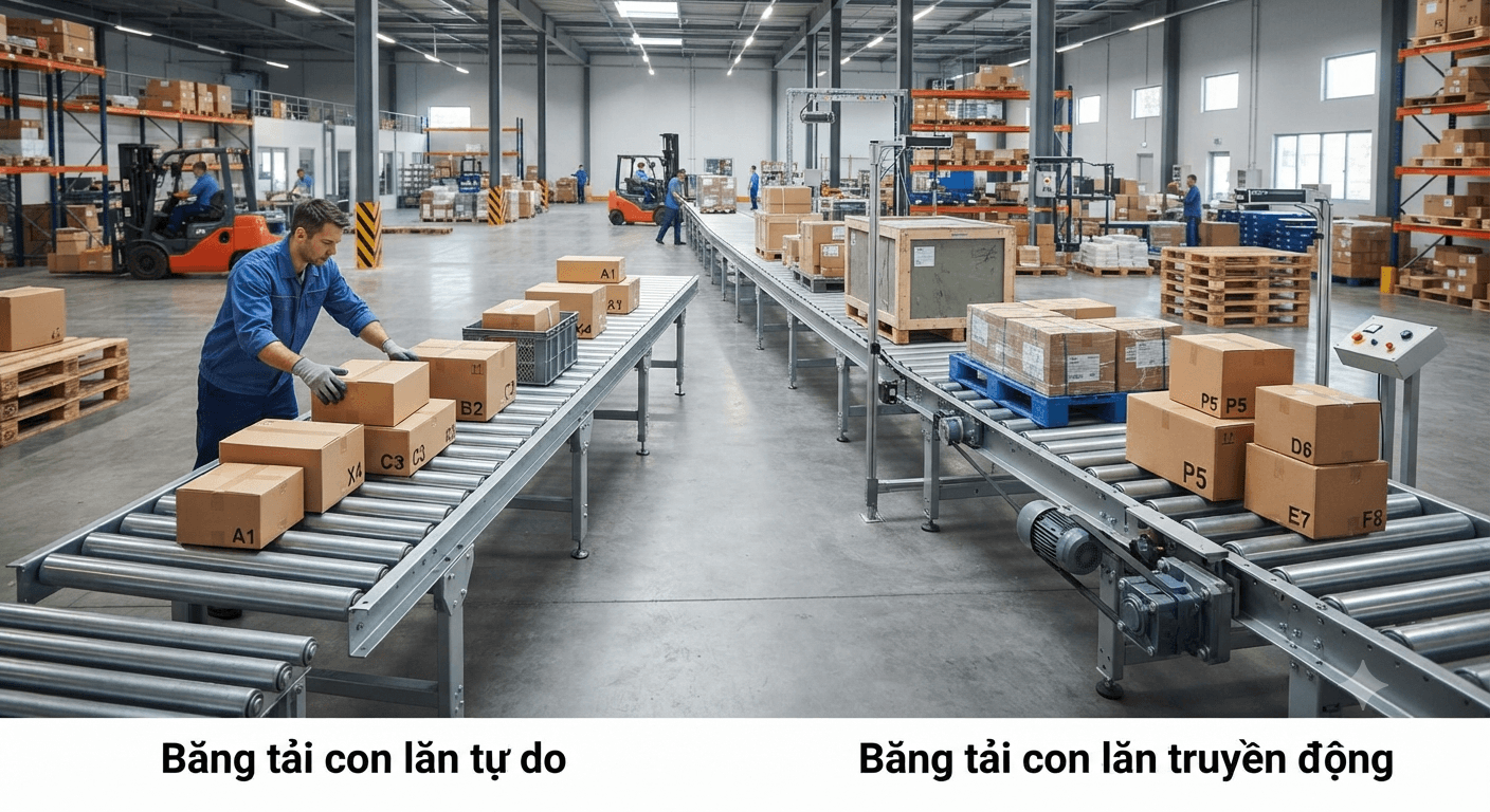 Băng tải con lăn tự do và truyền động: So sánh cấu tạo, ưu điểm và ứng dụng thực tế