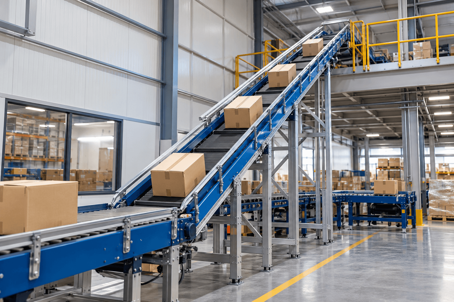 Băng tải nâng hàng lên cao và chuyển tầng: Giải pháp tối ưu vận chuyển giữa các cao độ
