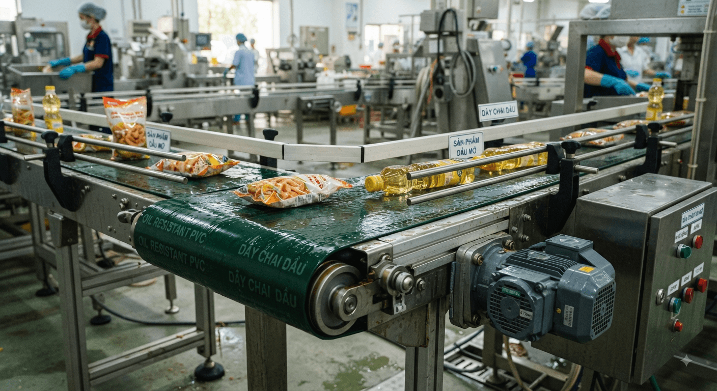 Băng tải PVC chịu dầu: Đặc điểm, khả năng chống dầu và ứng dụng trong công nghiệp