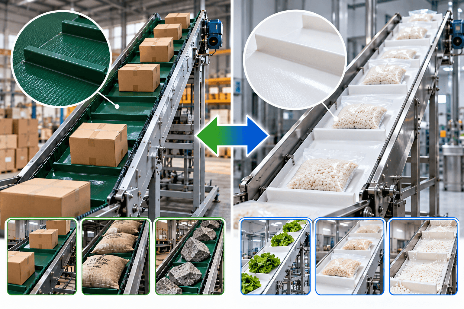 Băng tải nghiêng PVC và PU: So sánh đặc điểm, khả năng vận chuyển và cách lựa chọn
