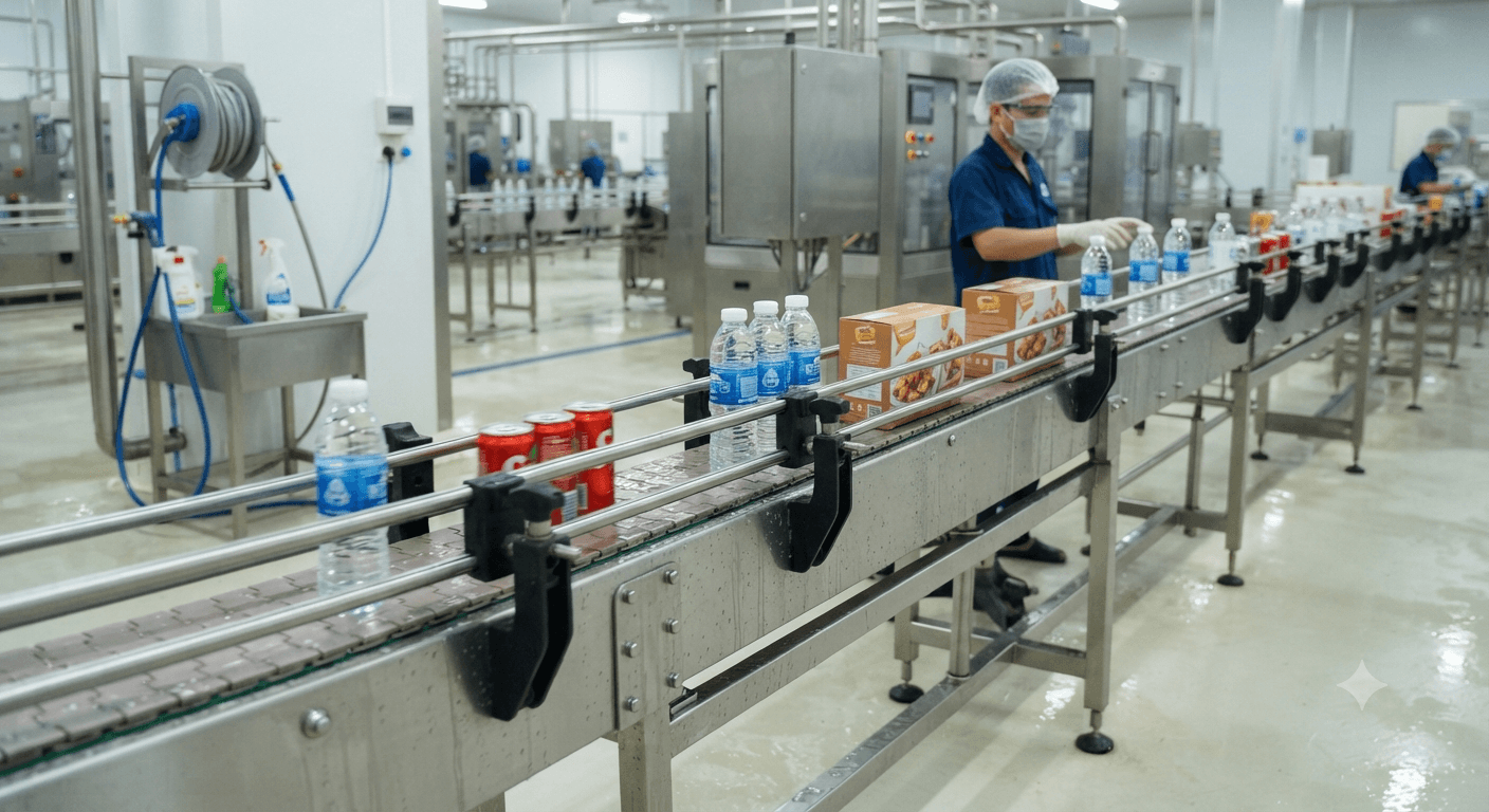 Băng tải xích cho ngành thực phẩm và nước giải khát: Vật liệu, thiết kế và yêu cầu vệ sinh
