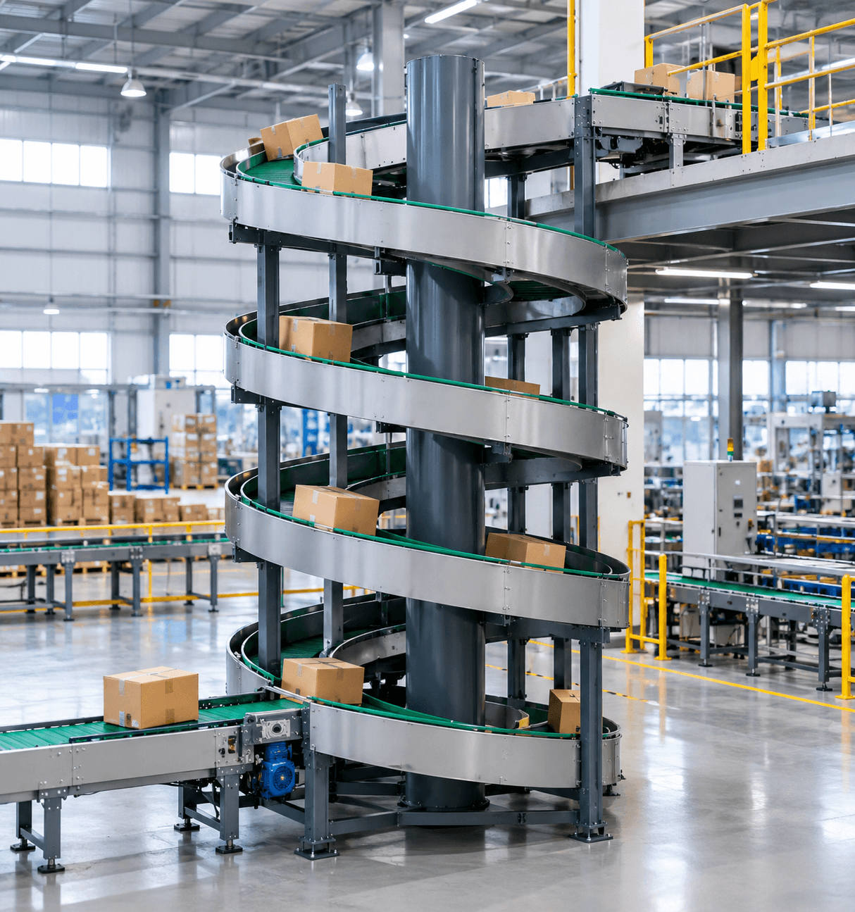 Băng tải xoắn ốc chuyển tầng: Giải pháp vận chuyển hàng hóa giữa các tầng trong nhà máy