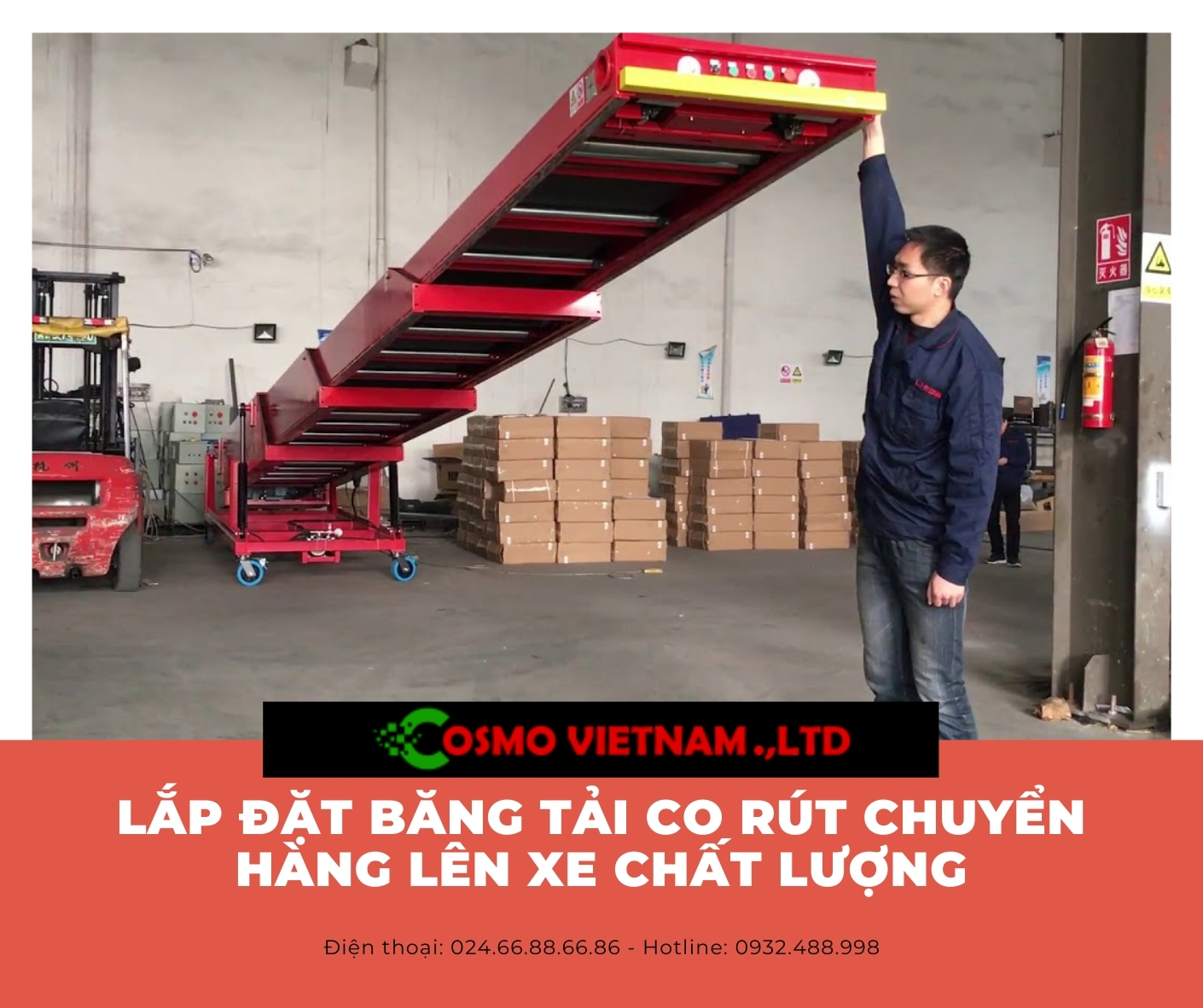 Lắp đặt băng tải co rút chuyển hàng lên xe chất lượng