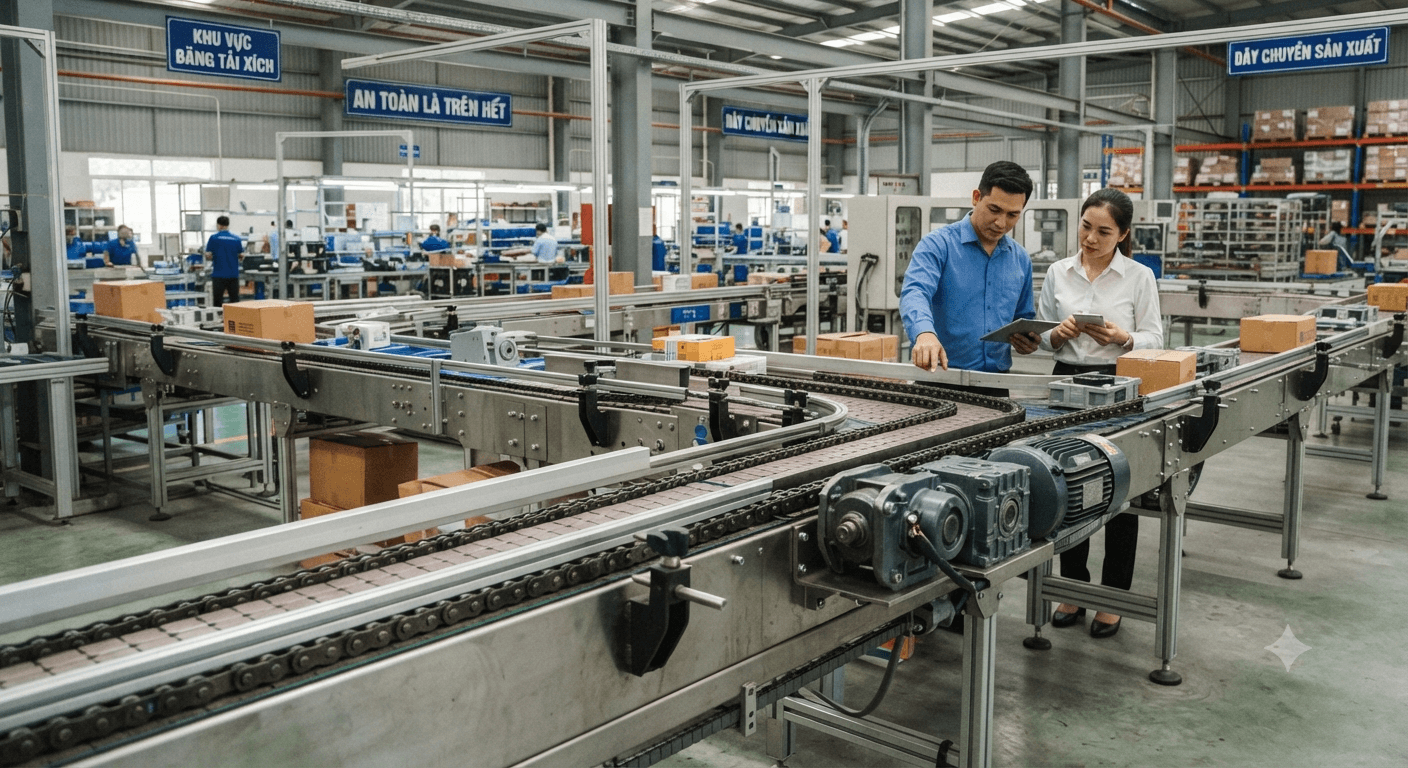 Băng tải xích giá bao nhiêu? Các yếu tố ảnh hưởng đến chi phí thiết kế và gia công