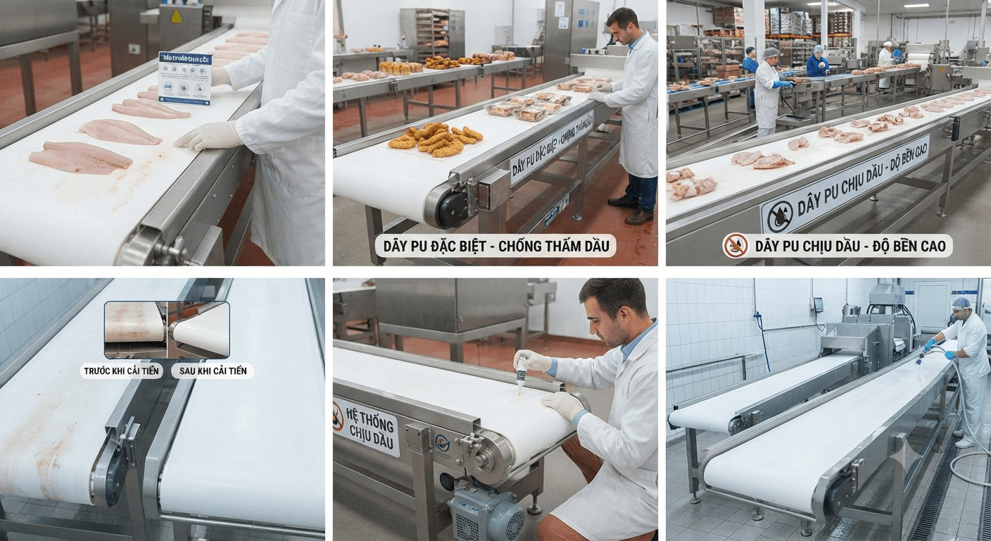 Băng tải PU chịu dầu: Khả năng chống dầu, đặc điểm vật liệu và ứng dụng trong công nghiệp