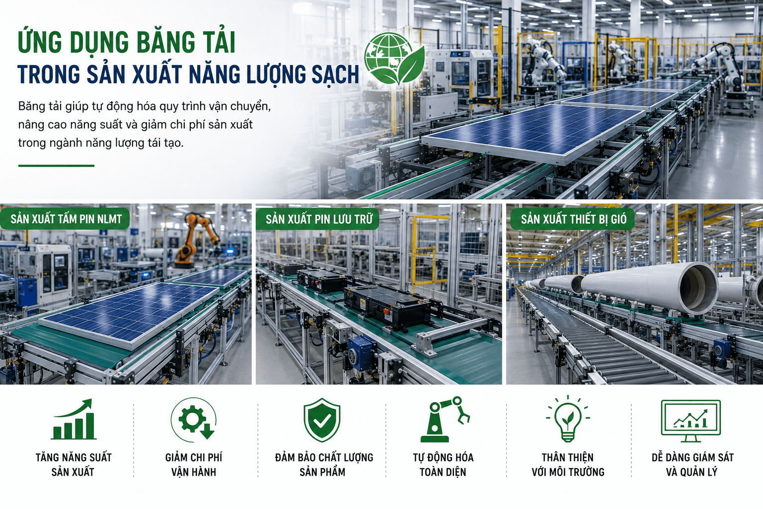 Ứng dụng của băng tải trong sản xuất năng lượng sạch