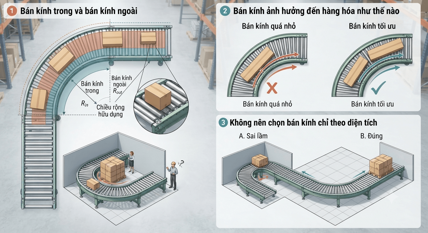 Bán kính chuyển hướng của băng tải con lăn cong