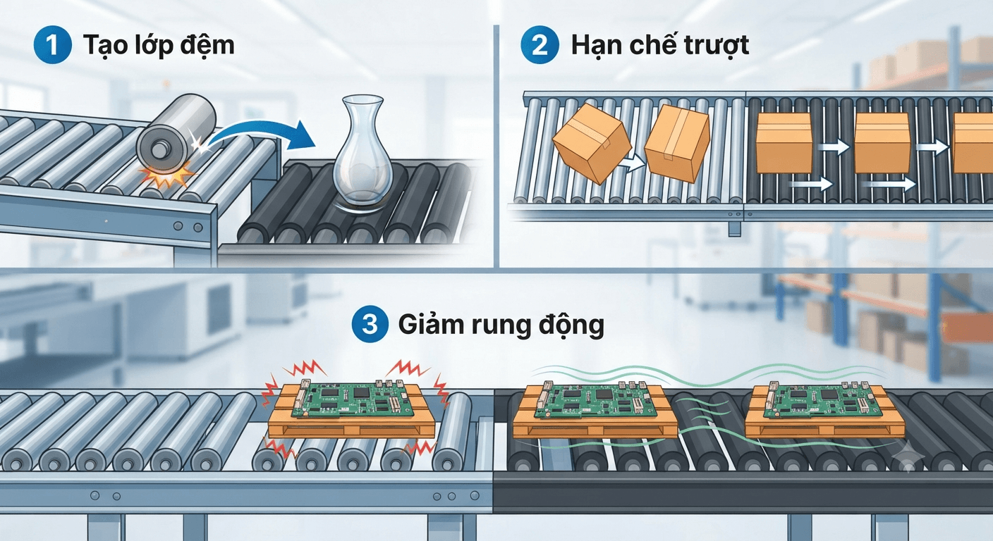 Băng tải con lăn bọc cao su bảo vệ sản phẩm như thế nào?