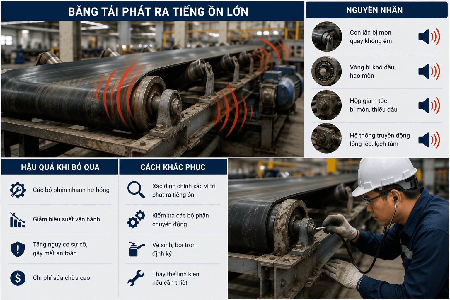 băng tải phát ra tiếng ồn lớn