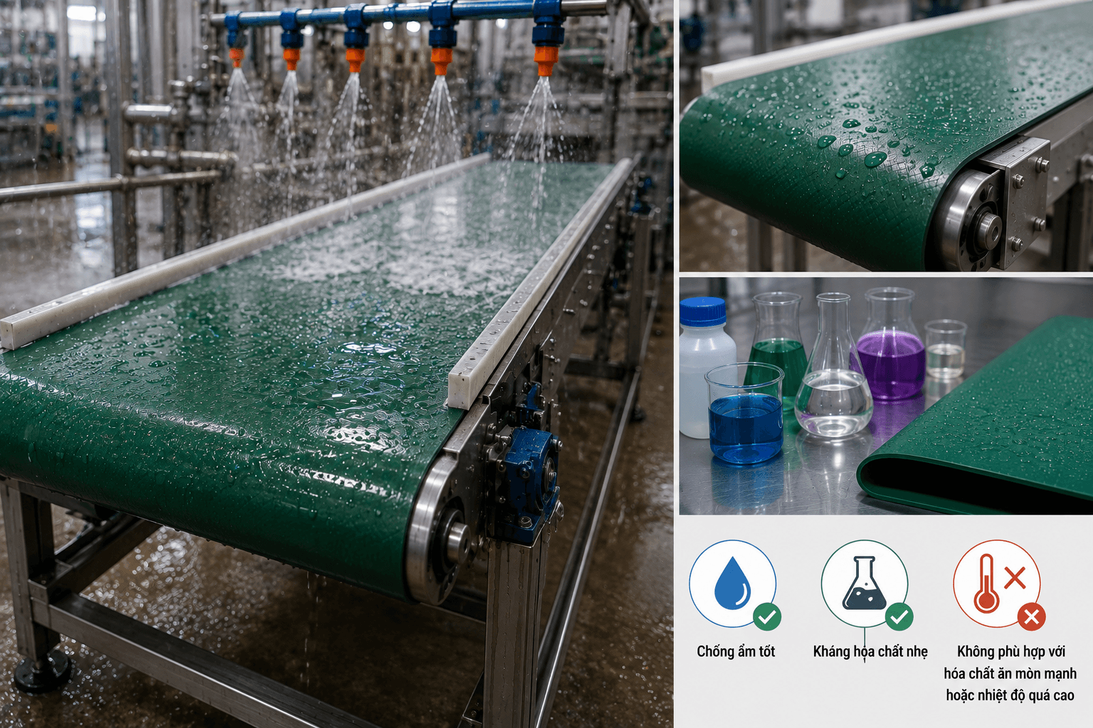 băng tải PVC chống ẩm và kháng hóa chất ở mức phù hợp