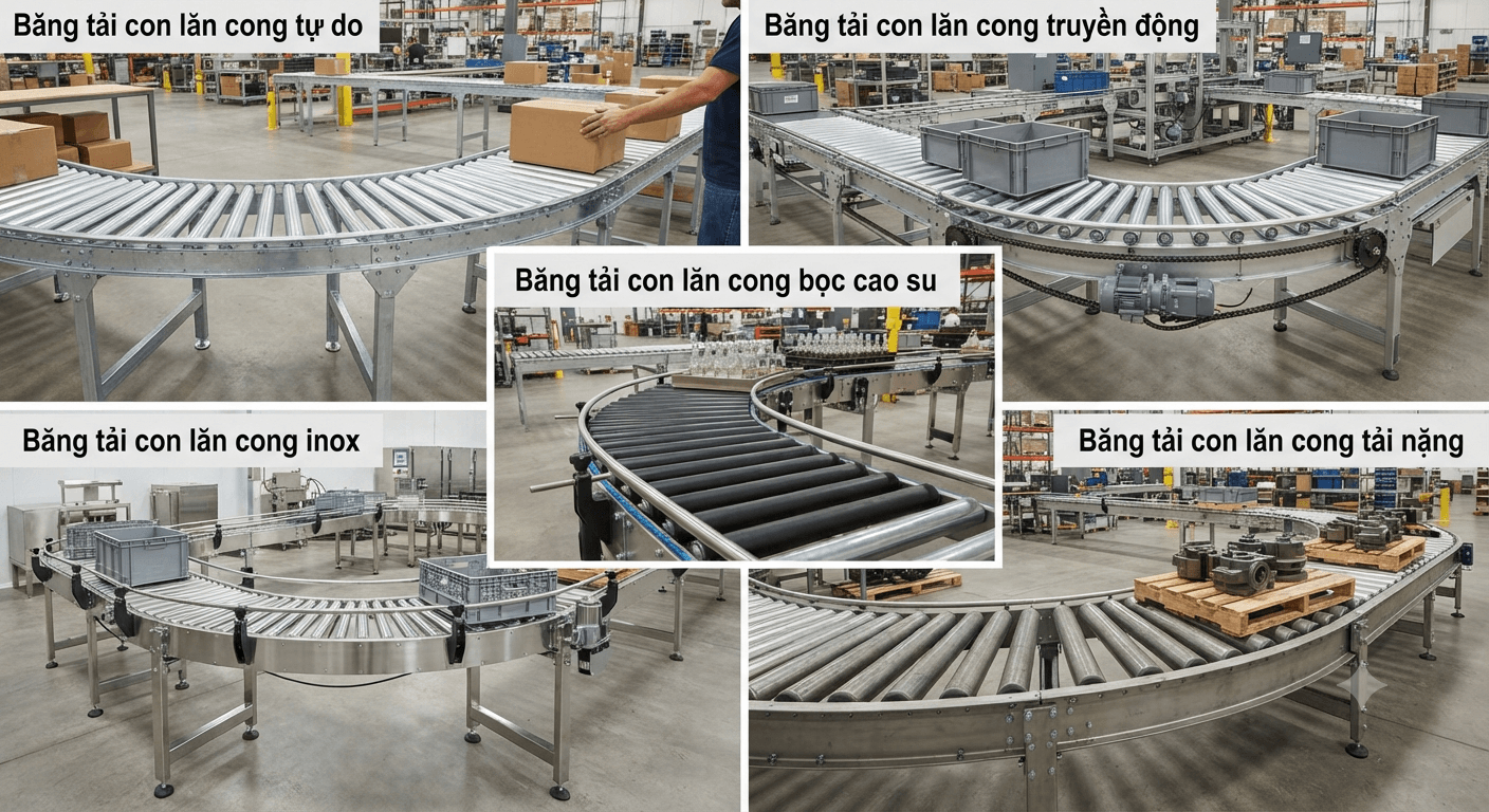 Các loại băng tải con lăn cong phổ biến