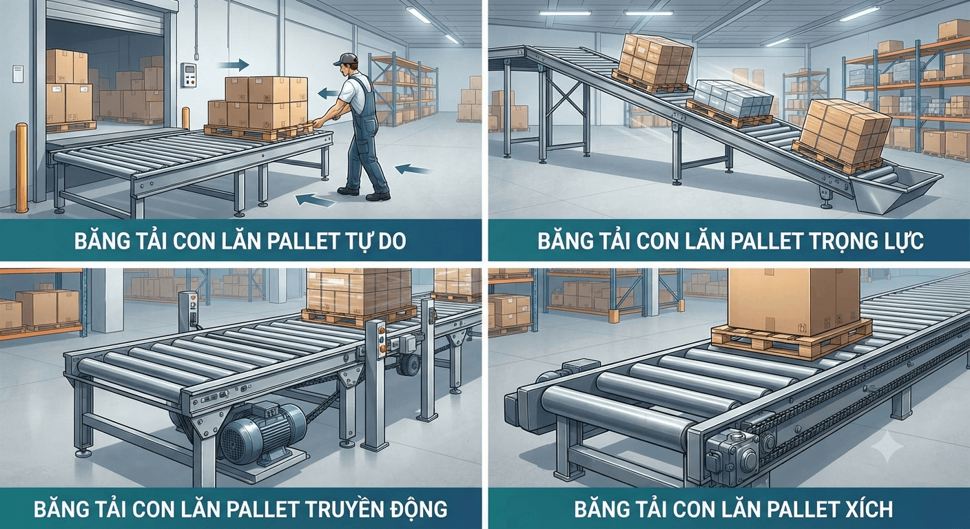 Các loại băng tải con lăn pallet phổ biến