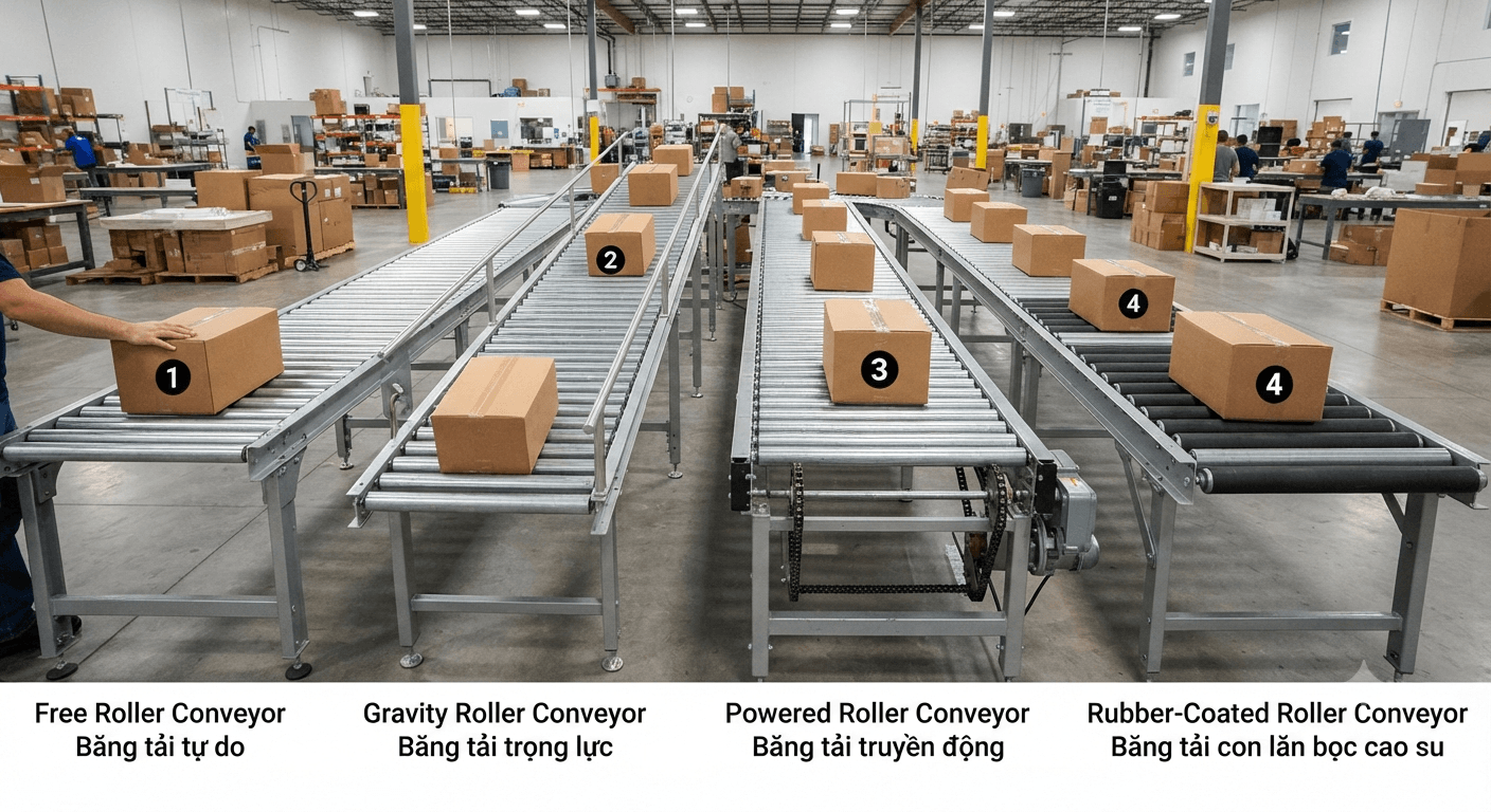 Các loại băng tải con lăn thùng carton phổ biến