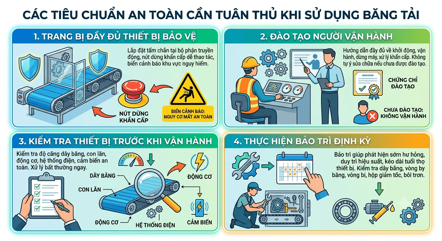 các tiêu chuẩn an toàn khi sử dụng băng tải