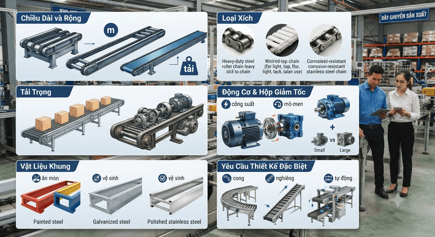 Các yếu tố ảnh hưởng đến giá băng tải xích