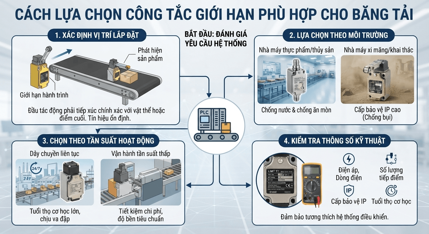 cách lựa chọn công tắc giới hạn phù hợp cho băng tải