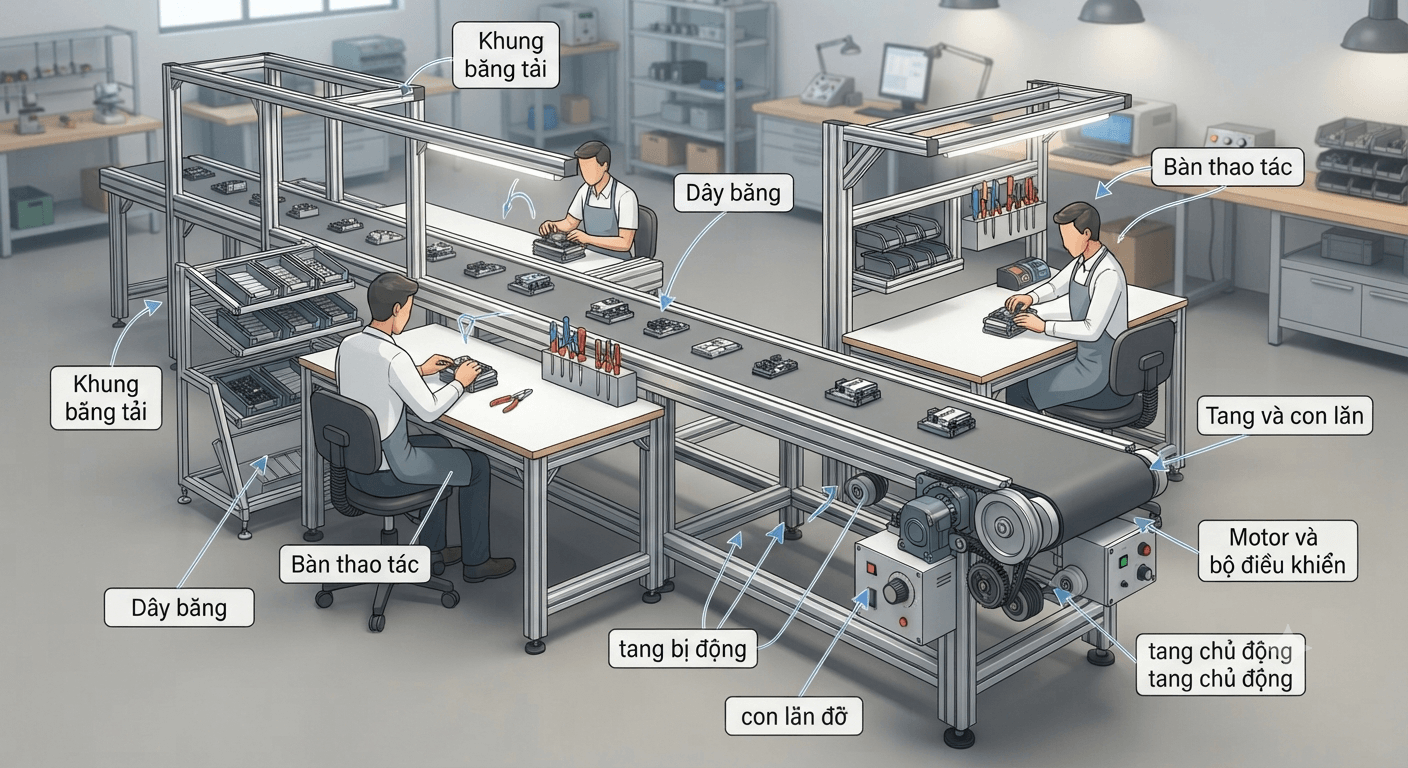 Cấu tạo của băng tải mini bàn thao tác